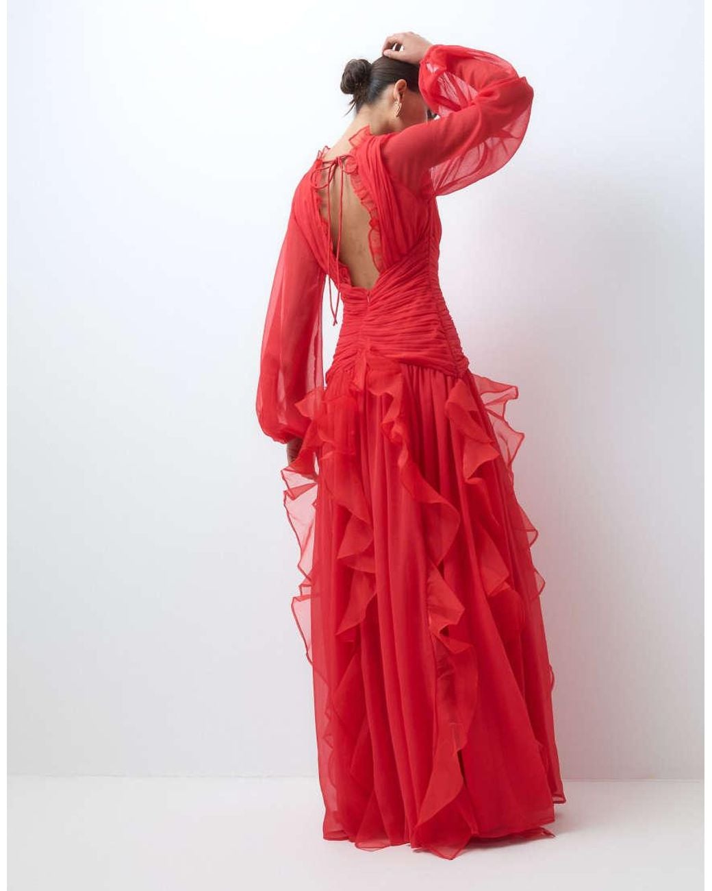 ASOS Red Ruched Long Sleeve Maxi Dress With Waterfall Detail