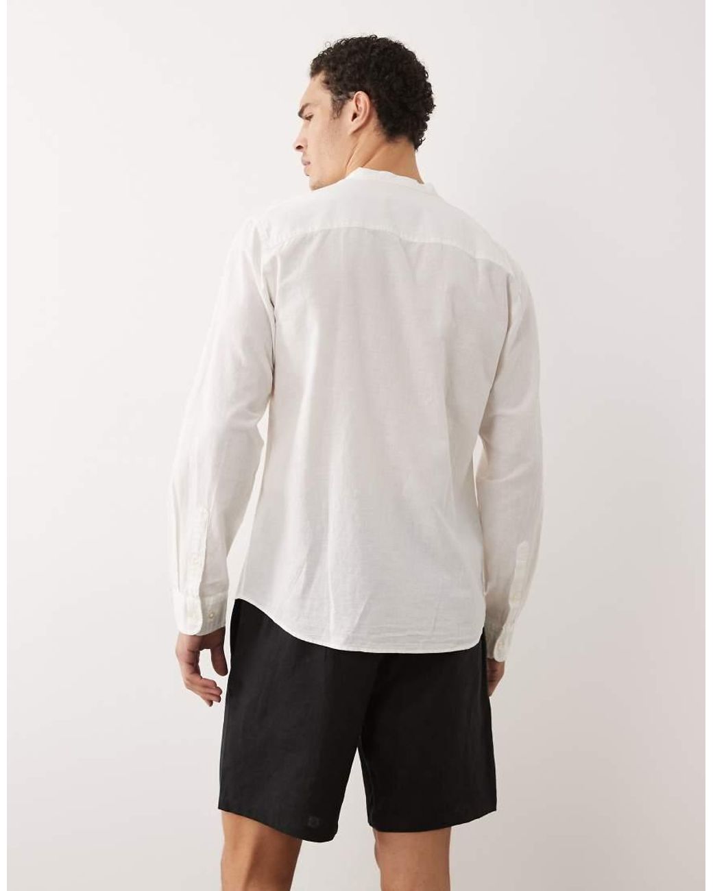 Jack & Jones White Linen Blend Shirt With Grandad Collar for men