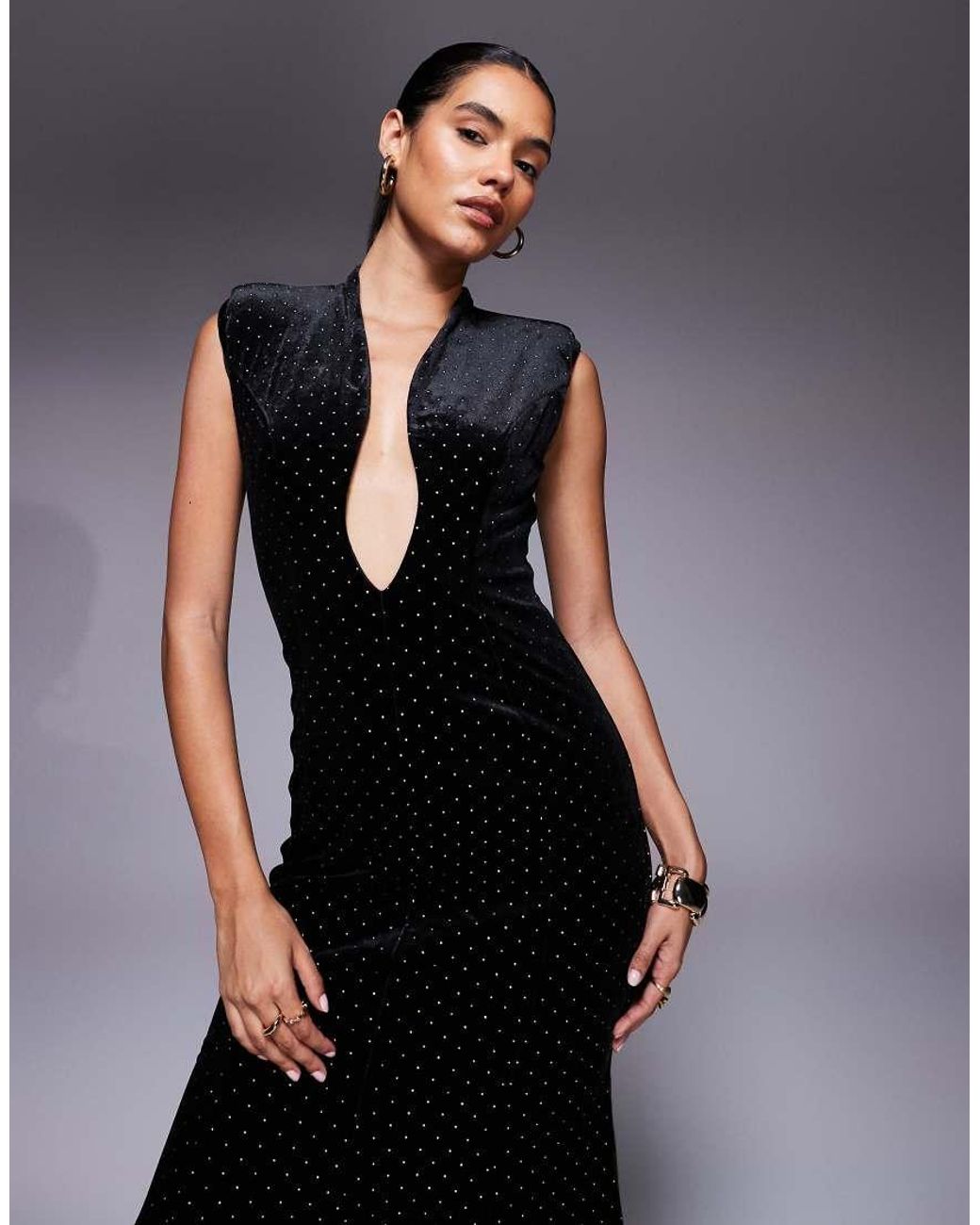 ASOS Black Premium Velvet Molded Plunge Fishtail Maxi Dress