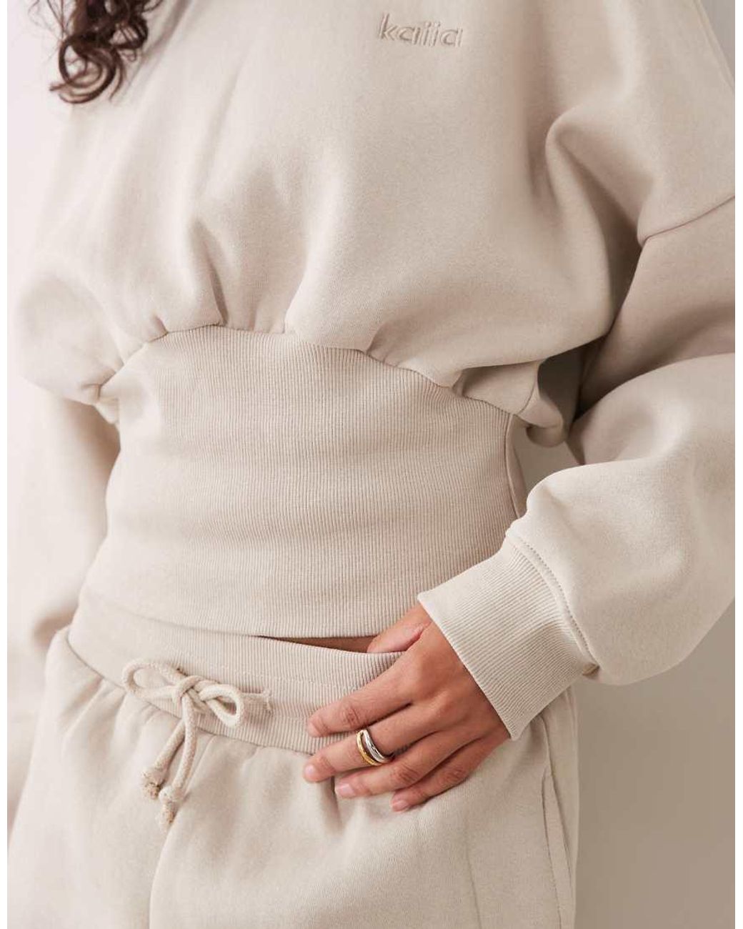 Kaiia Natural Cotton Rich Extreme Oversized Sleeve Cinched Waist Sweatshirt Co-ord