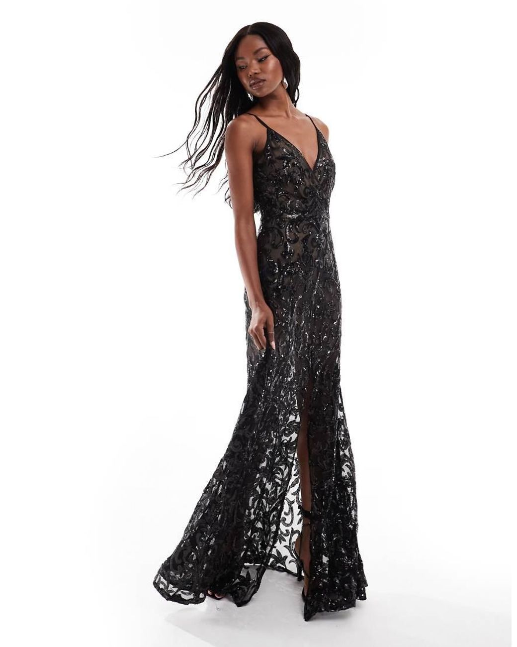 Goddiva Black Iridescent Sequin Maxi With Front Split
