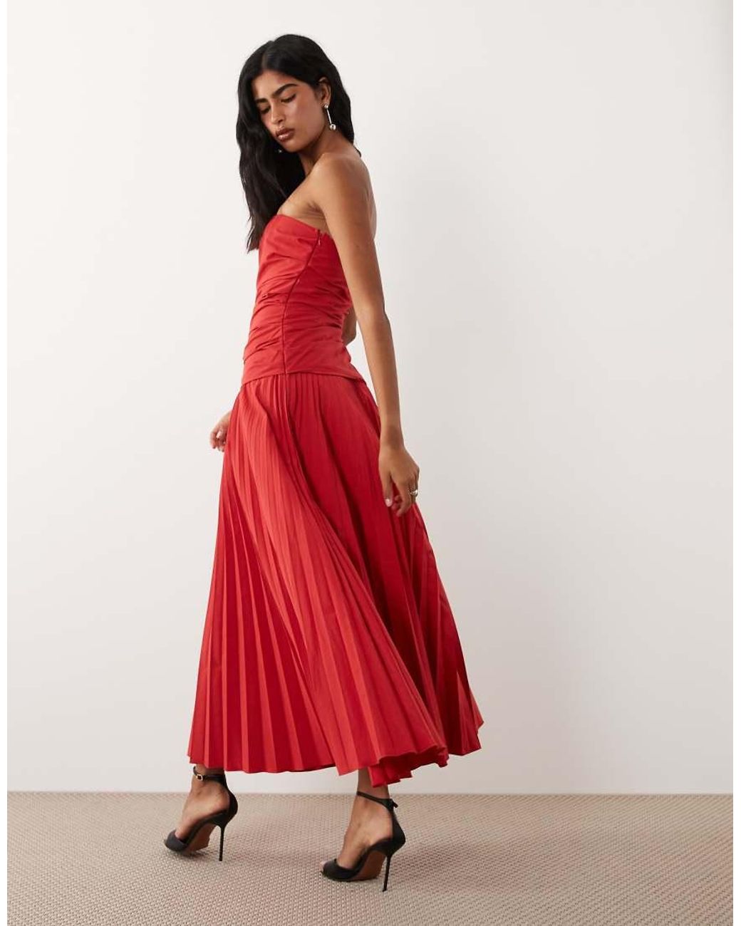 Mango Red Structu Off Shoulder Pleated Hem Maxi Dress