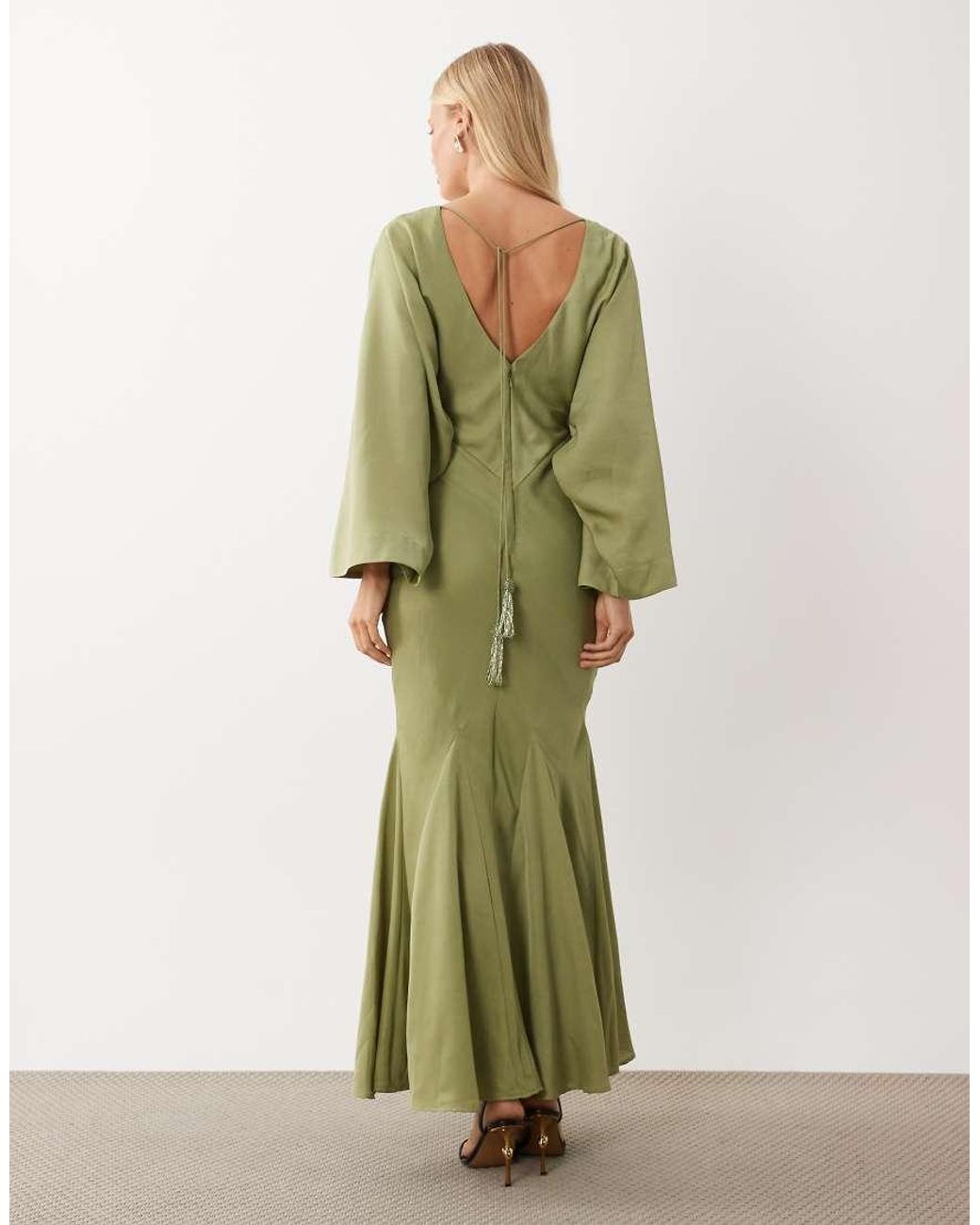 ASOS Green Cape Kimono Sleeve Maxi Dress With Godets And Tassel Tie Detail