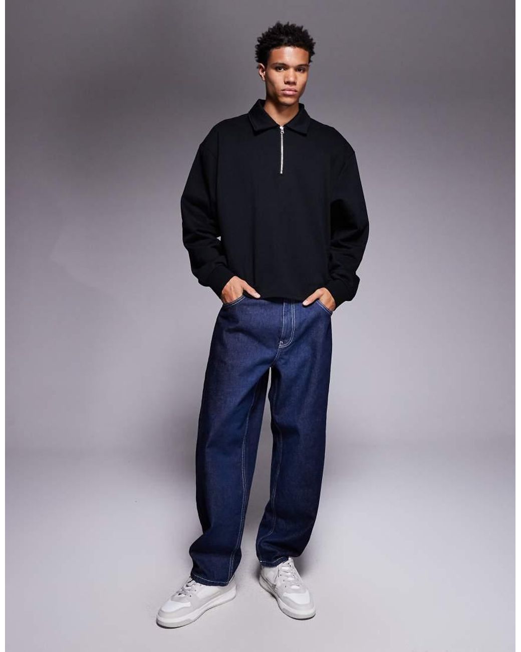 ASOS Blue Boxy Relaxed Quarter Zip Sweatshirt With Collar for men