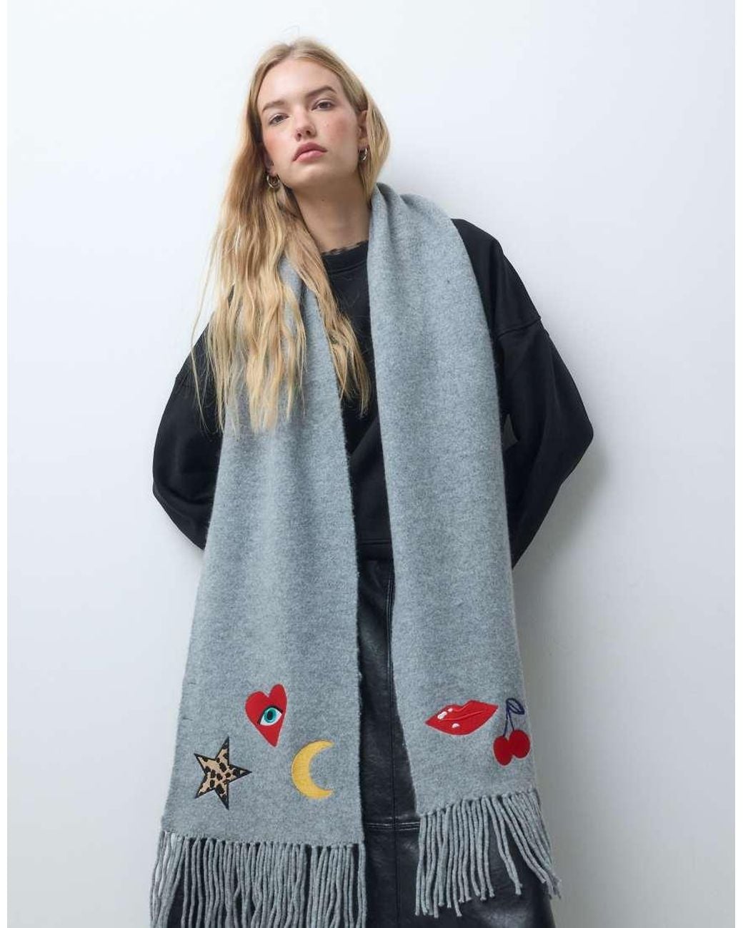 Pieces Blue Knitted Long Tassel Scarf With Embroidered Motif Details
