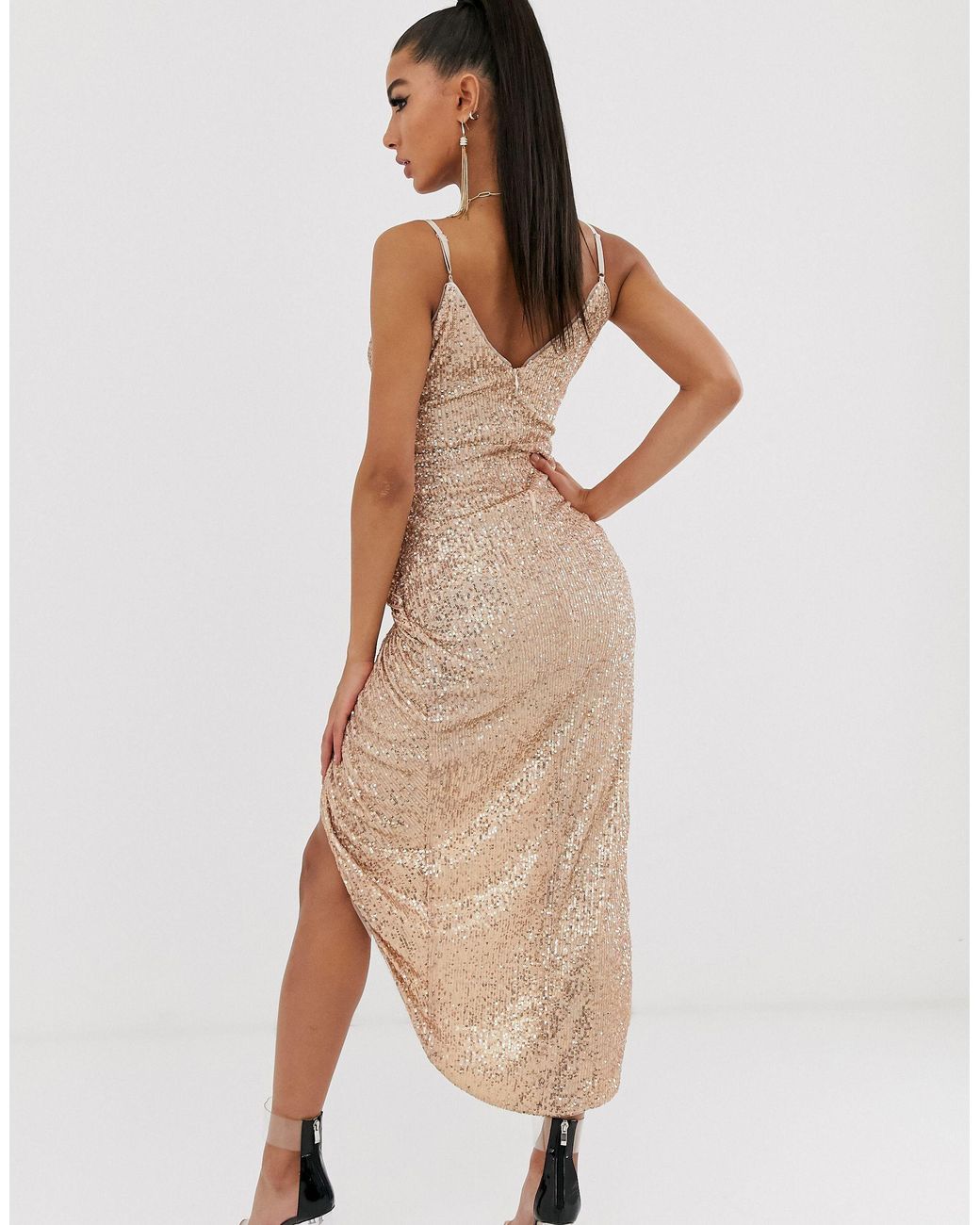 TFNC London Synthetic Wrap Front Sequin Maxi Dress in Gold (Metallic) | Lyst