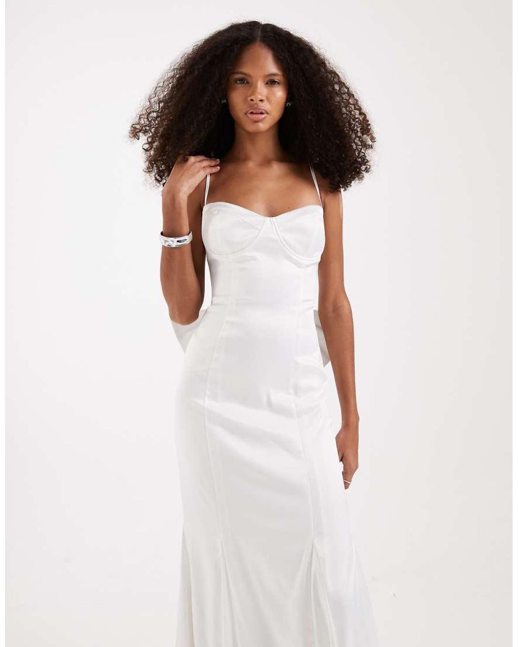 TFNC London White Bridal Sweetheart Neck Satin Maxi Dress With Chiffon Hem And Bow Back
