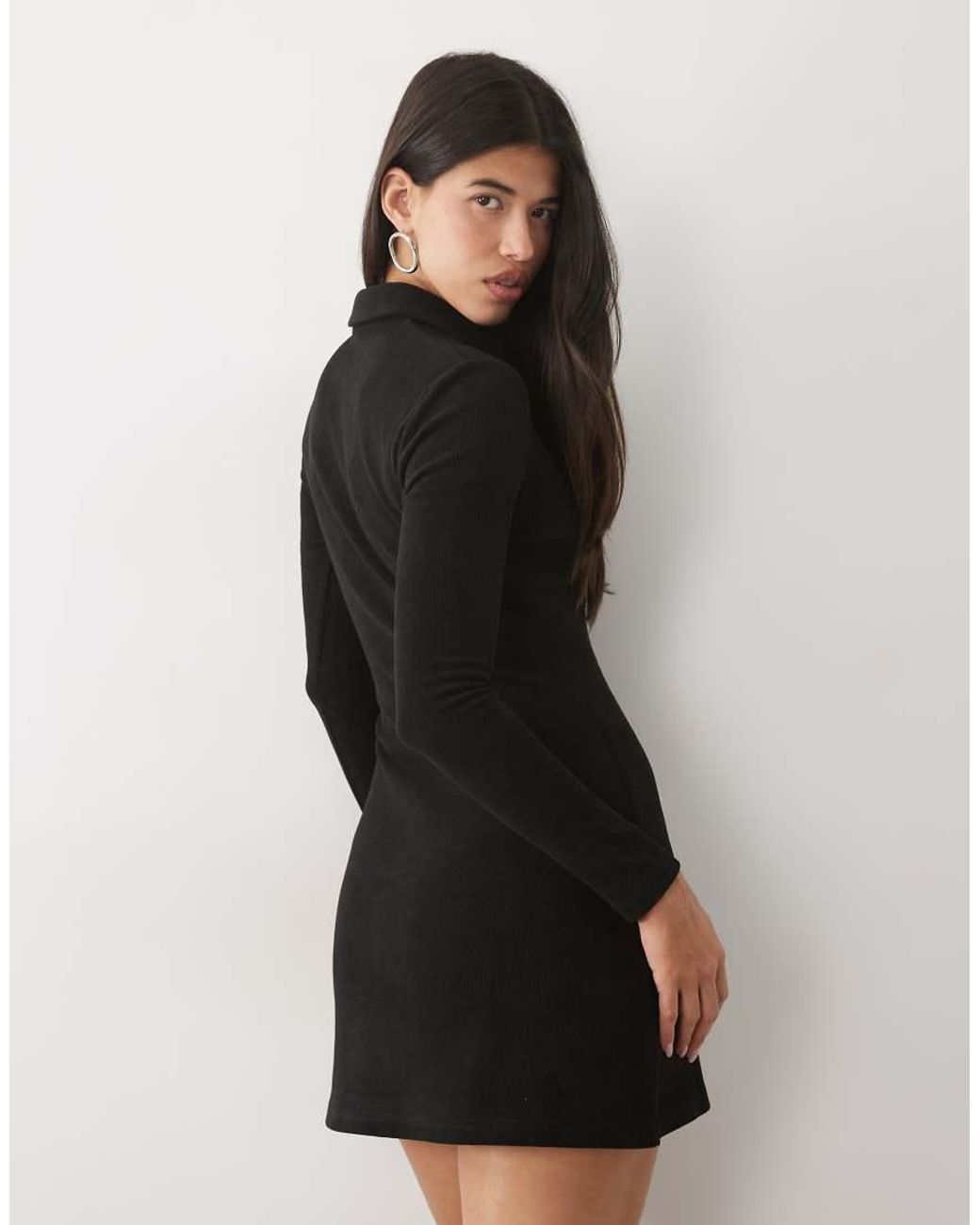ASOS Black Soft Cord Long Sleeve Polo Mini Dress
