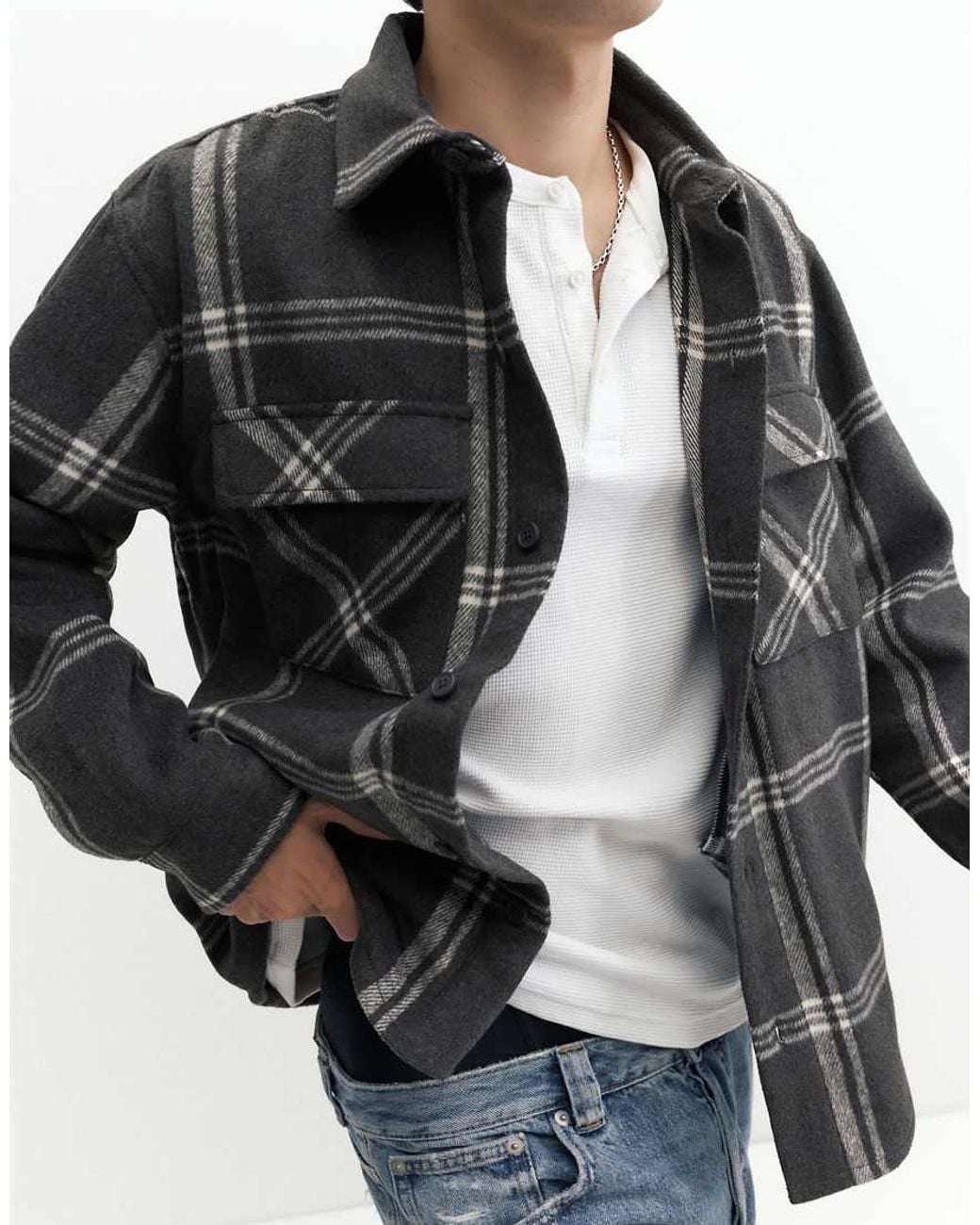 Pull&Bear Gray Checked Long Sleeve Overshirt for men