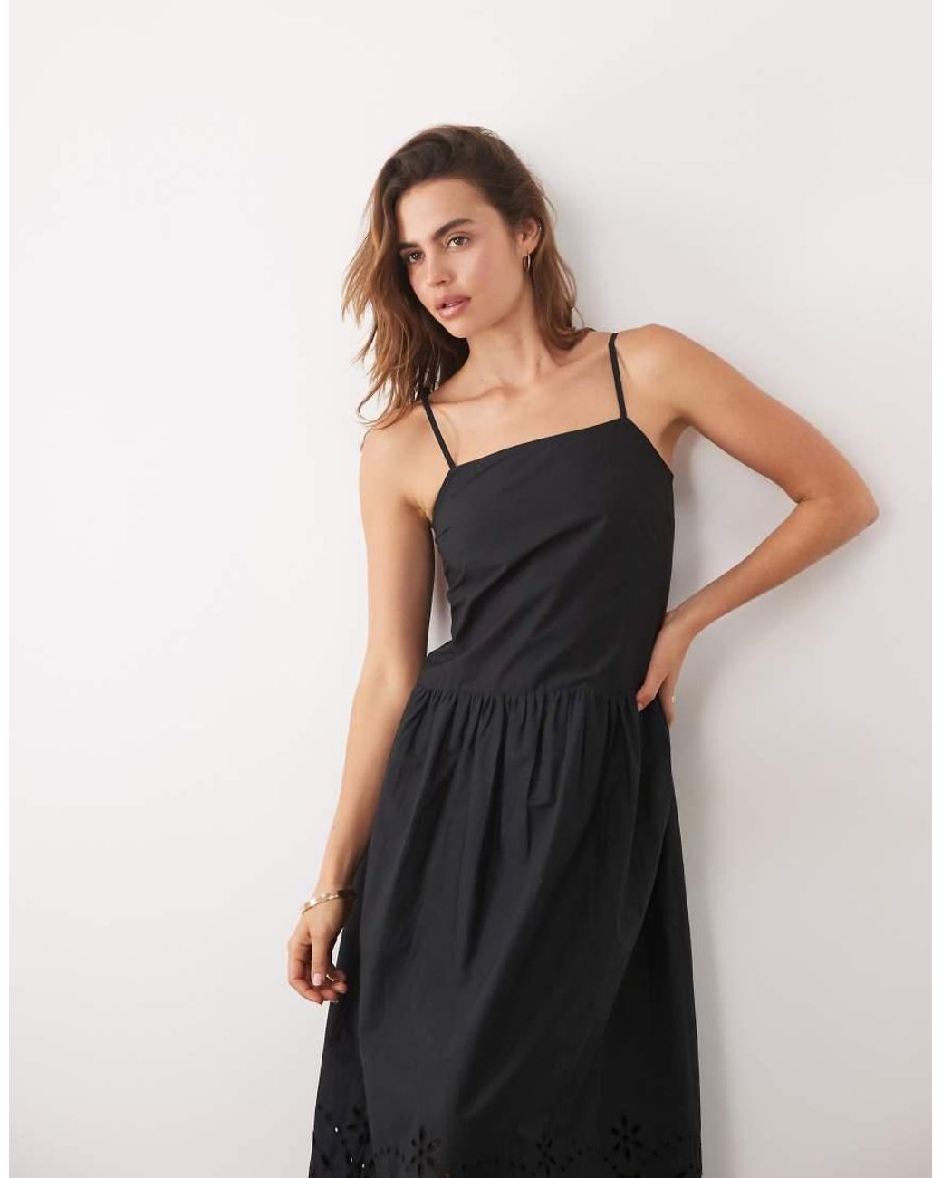 New Look Black Broderie Hem Cami Midi Dress