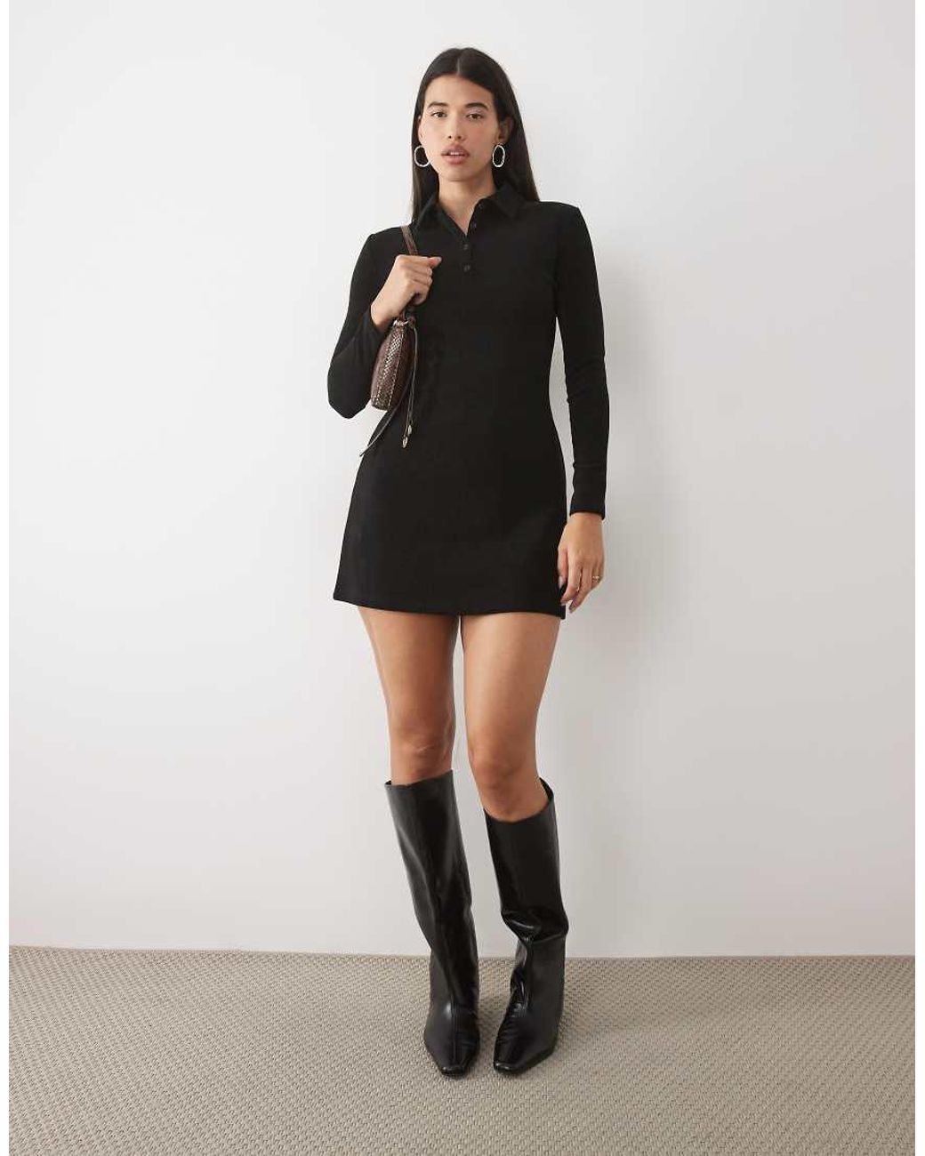 ASOS Black Soft Cord Long Sleeve Polo Mini Dress
