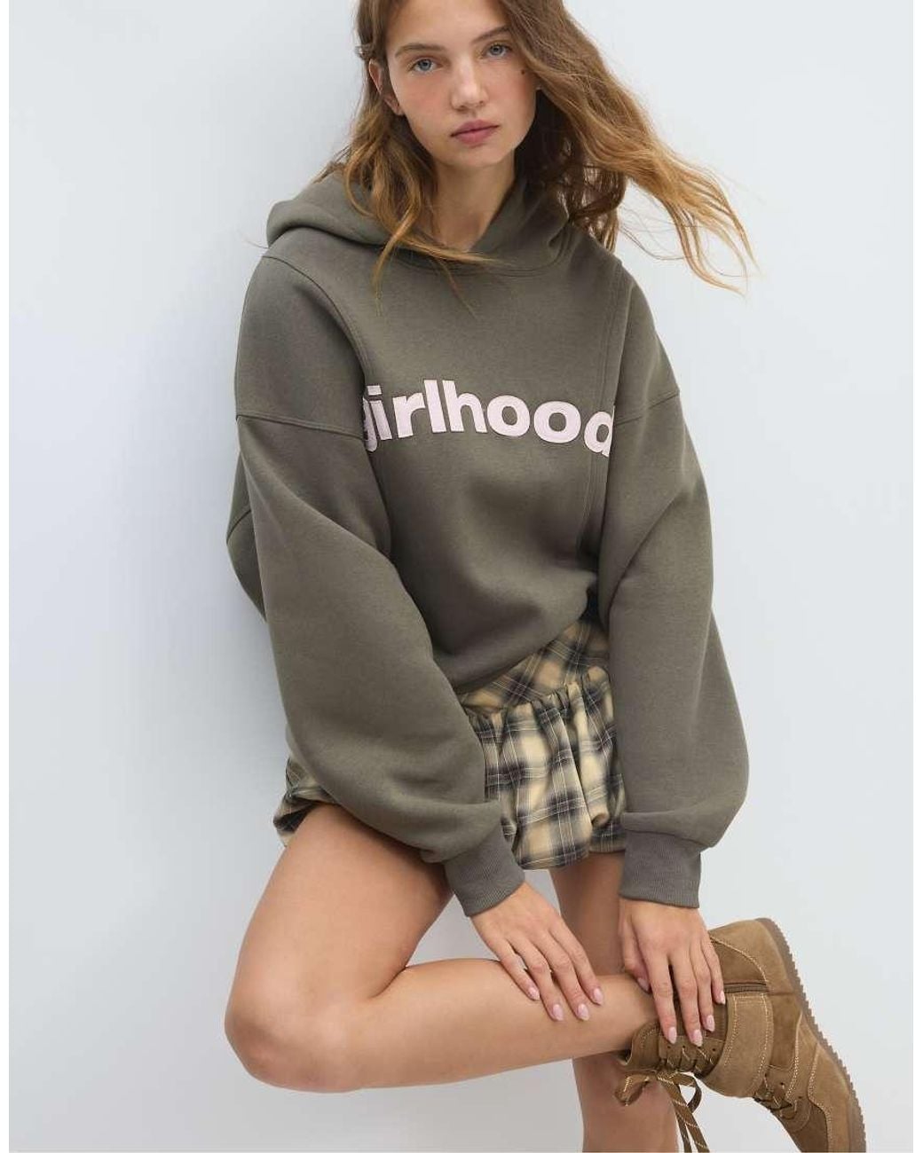 Stradivarius Green Printed Text Hoodie
