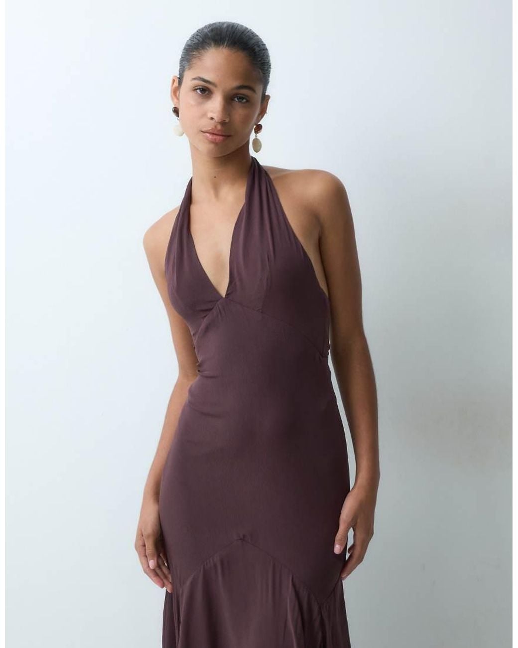 True Decadence Brown Halter Neck Backless Maxi Dress