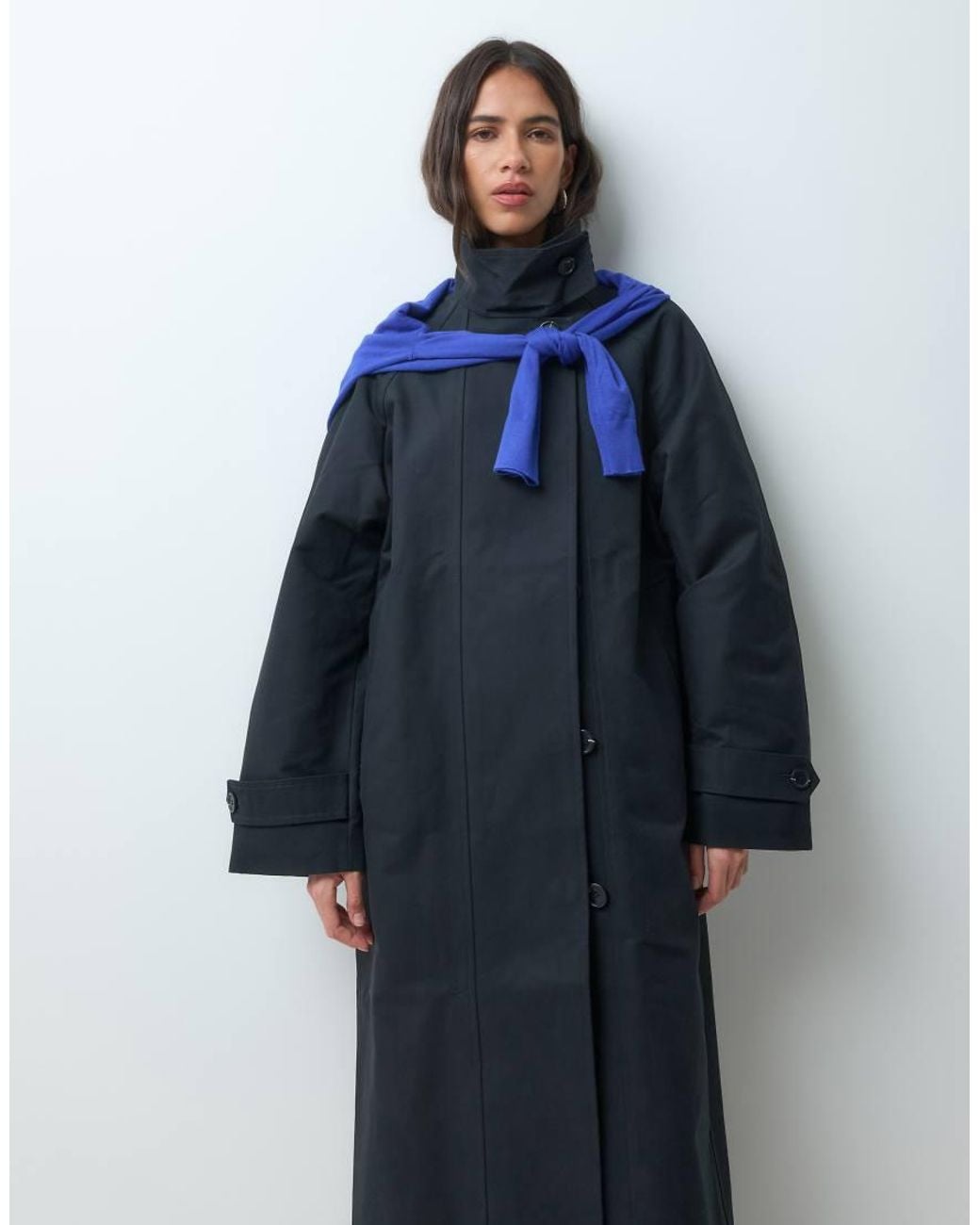 ARKET Blue Waxed Cotton Funnel Neck Trench Coat With Cord Inner Collar Detail