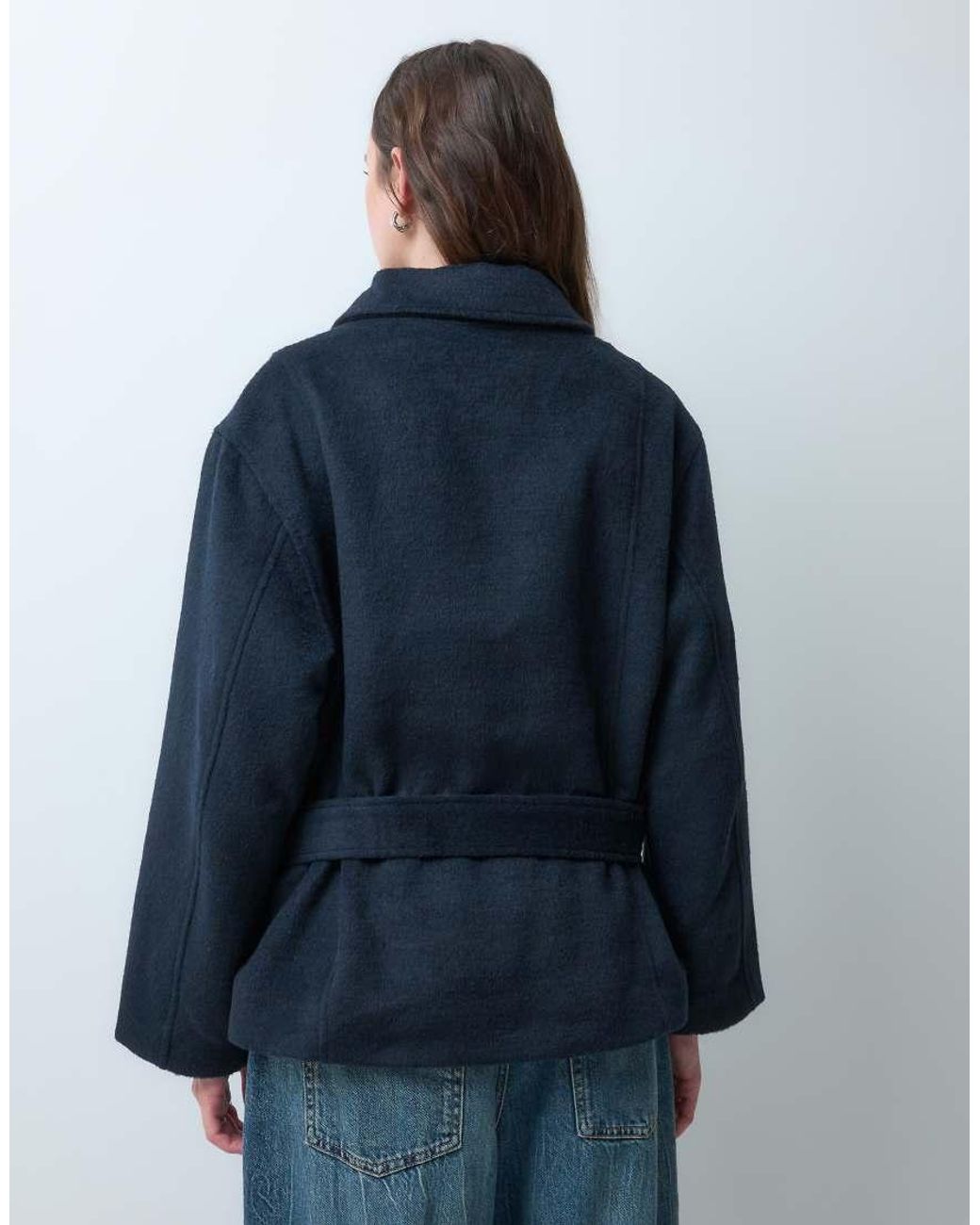ASOS Blue Low Belt Short Trench Coat With Wool