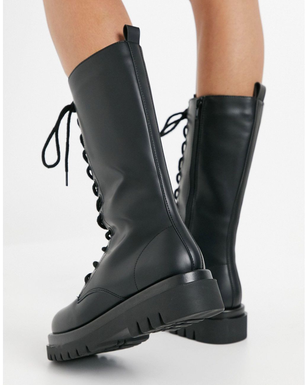 knee high lace up chunky boots