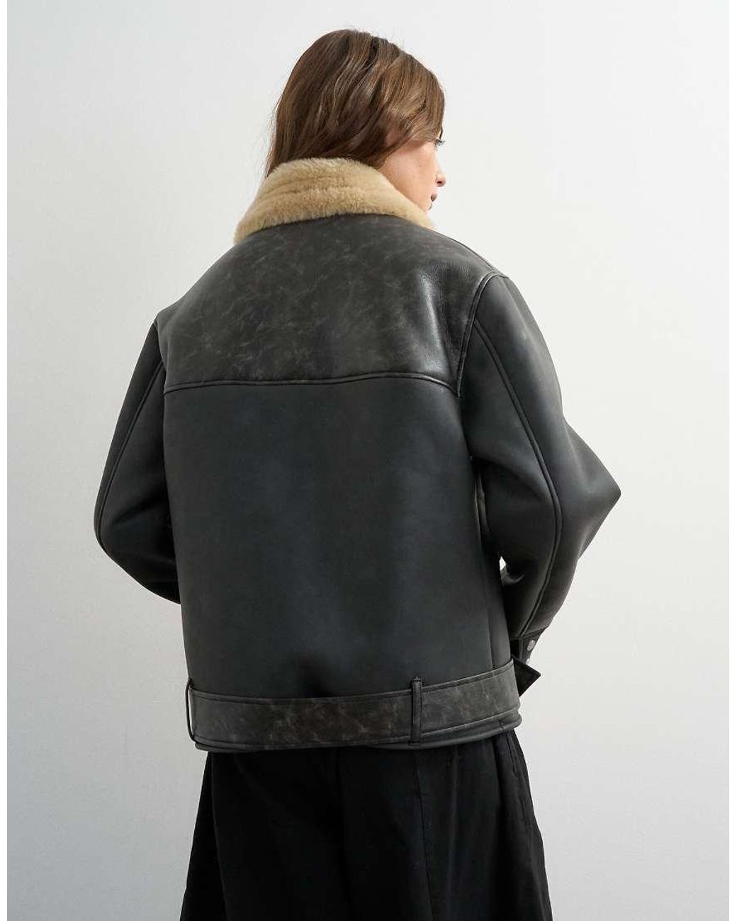 TOPSHOP Black Shearling Belted Biker Jacket