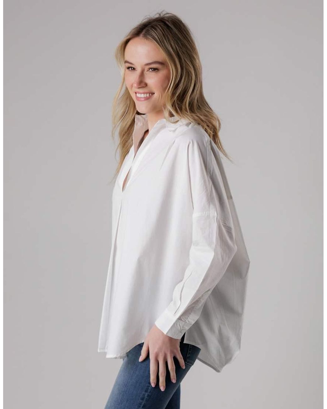 French Connection Gray Cotton Long Sleeve Poplin Popover High-Low Hem Shirt