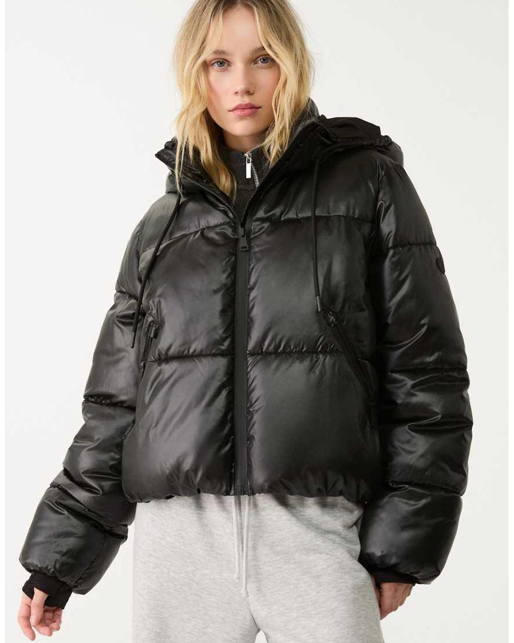Stradivarius Black Metallic Hooded Puffer Jacket