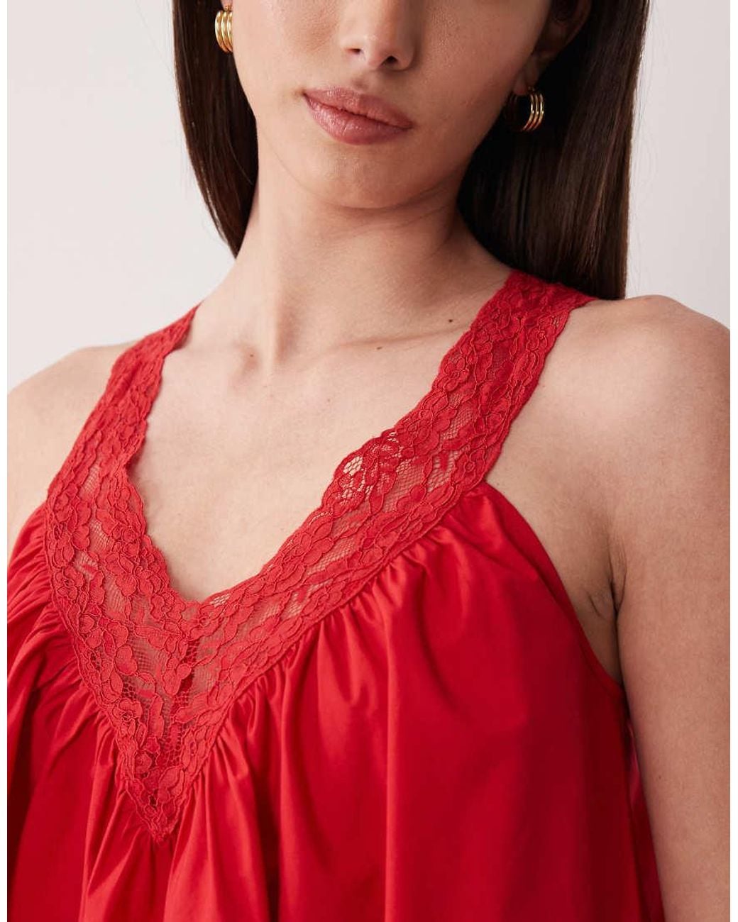 ASOS Red V Neck Smock Poplin Mini Sundress With Lace Overlay