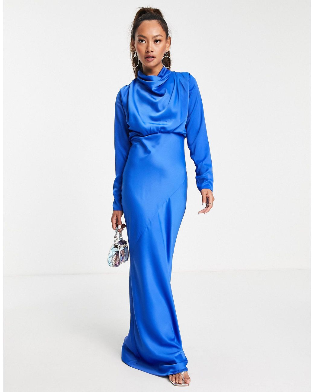 ASOS High Neck Drape Satin Bias Cut Maxi Dress in Blue Lyst