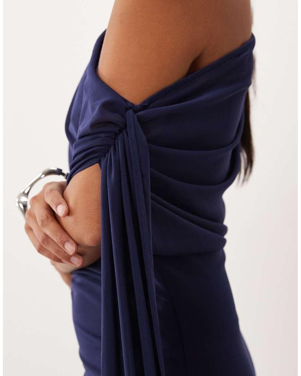 TFNC London Blue Mesh Draped One Shoulder Tie Detail Maxi Dress