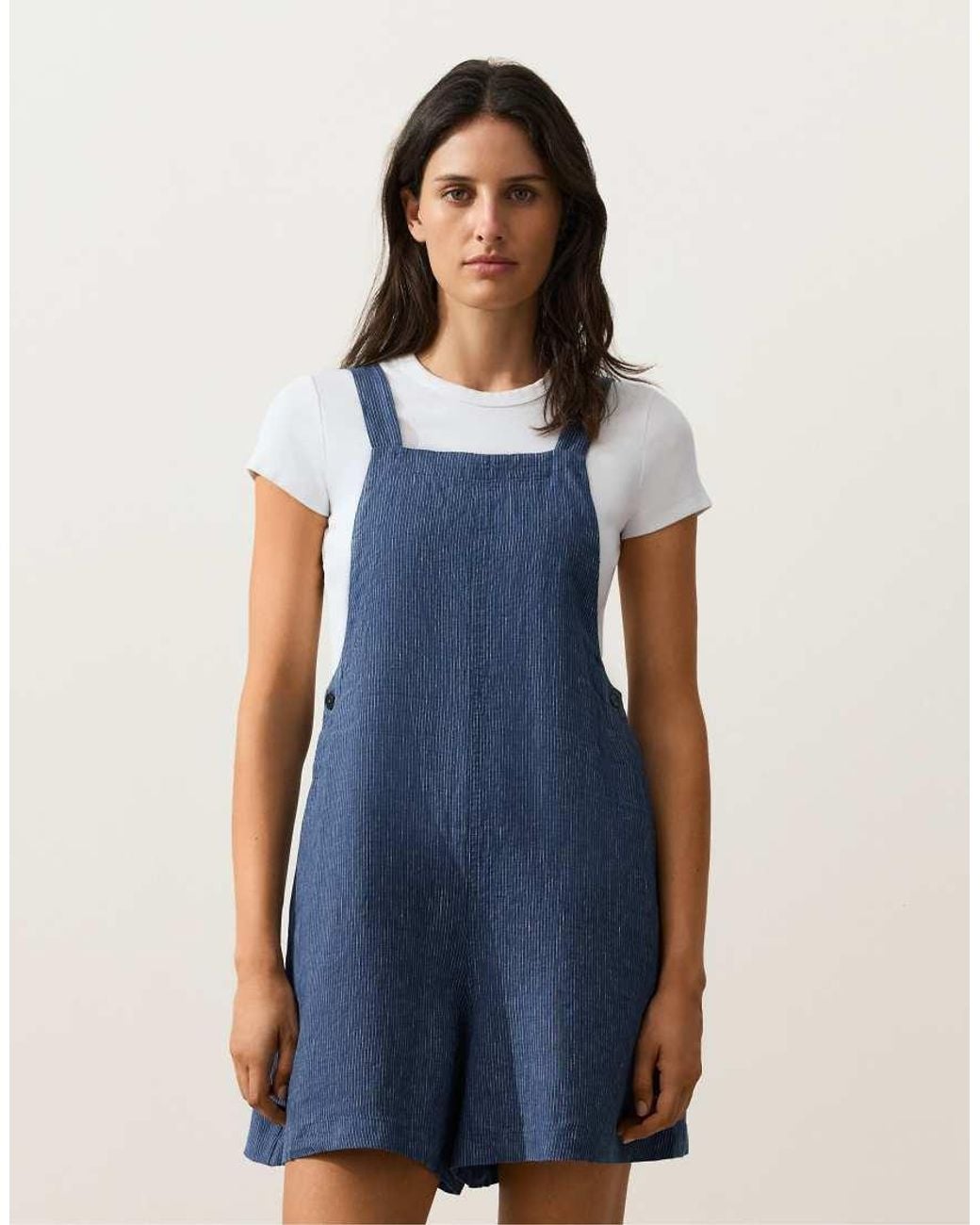 Oysho Blue Short Strappy 100% Linen Jumpsuit