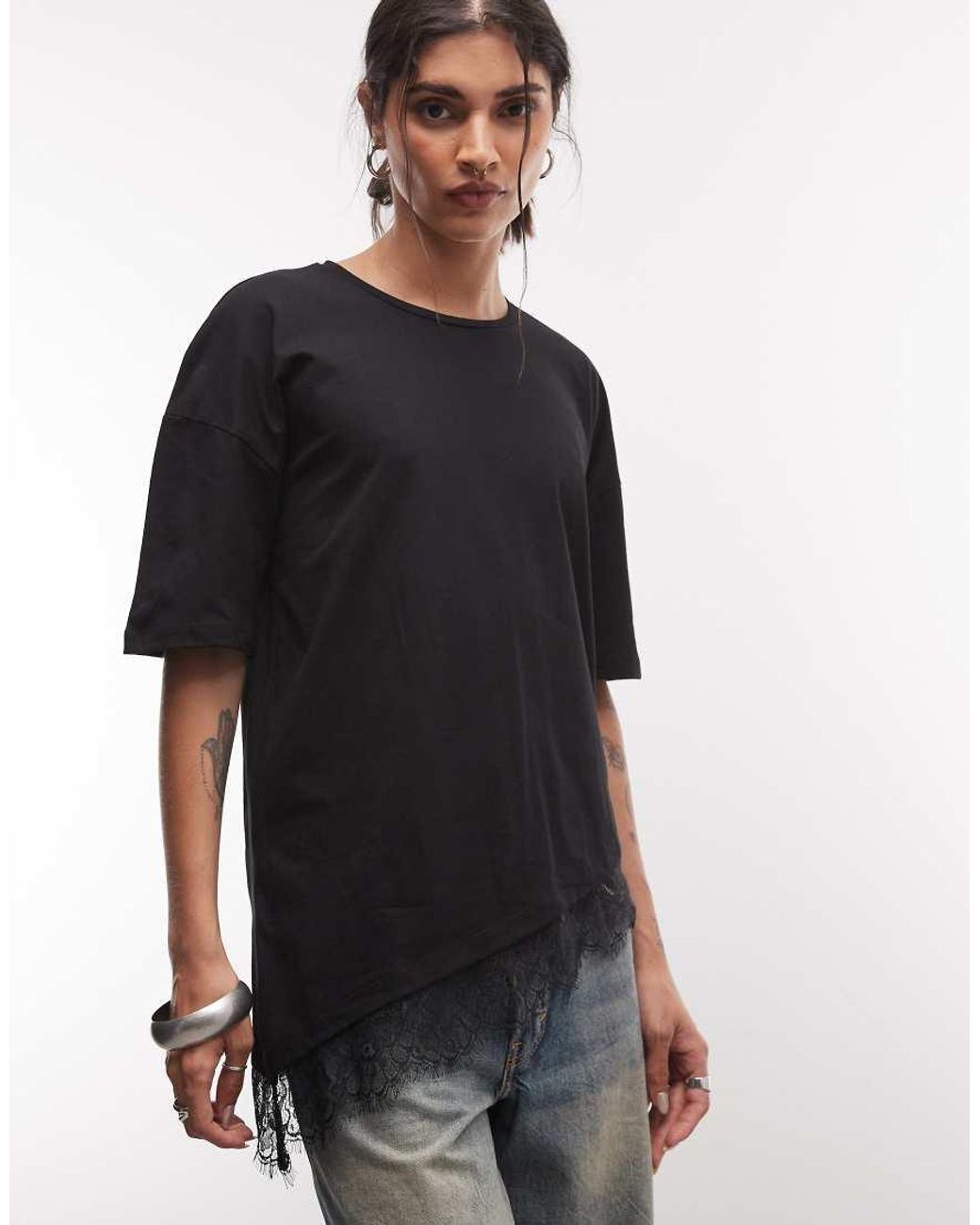 Noisy May Black Asymmetric Lace Hem T-shirt