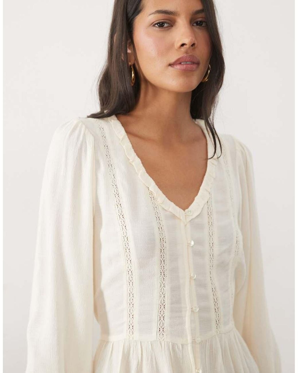 New Look Natural Broderie Detail Frill Blouse