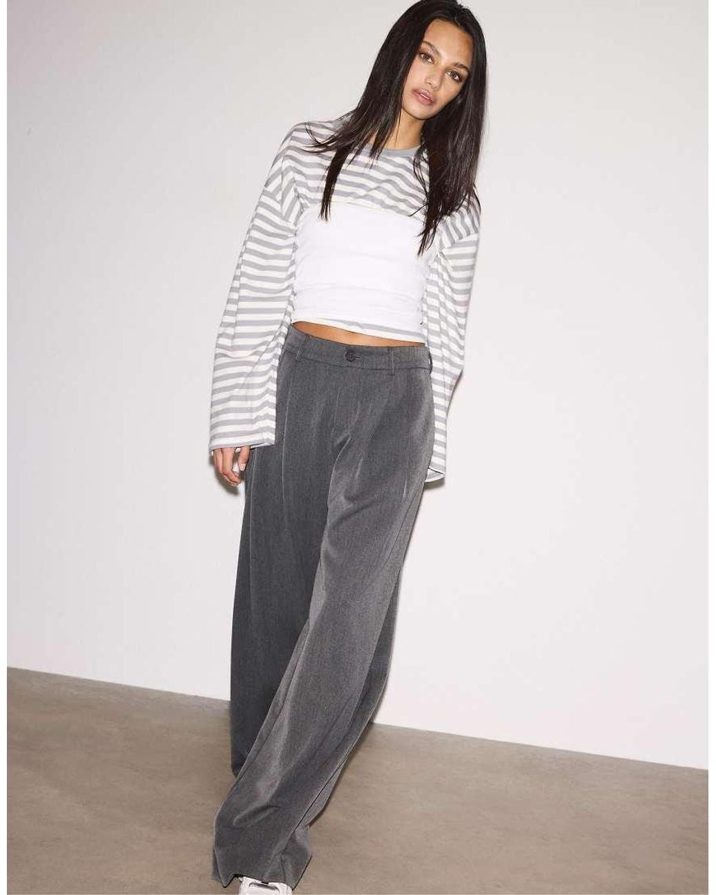 Stradivarius Gray Petite Wide Leg Smart Trousers With Darts