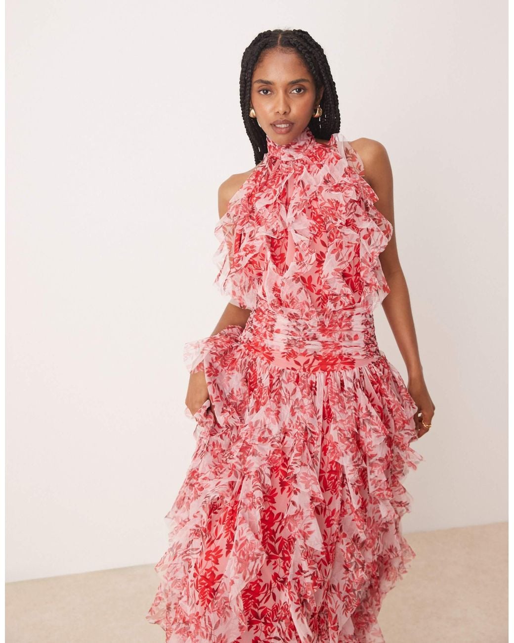 chinese dress ladies Richradiqs Women's Embroidered Floral Ruffled Tulle Maxi Dress, Floral Black / S main image 1