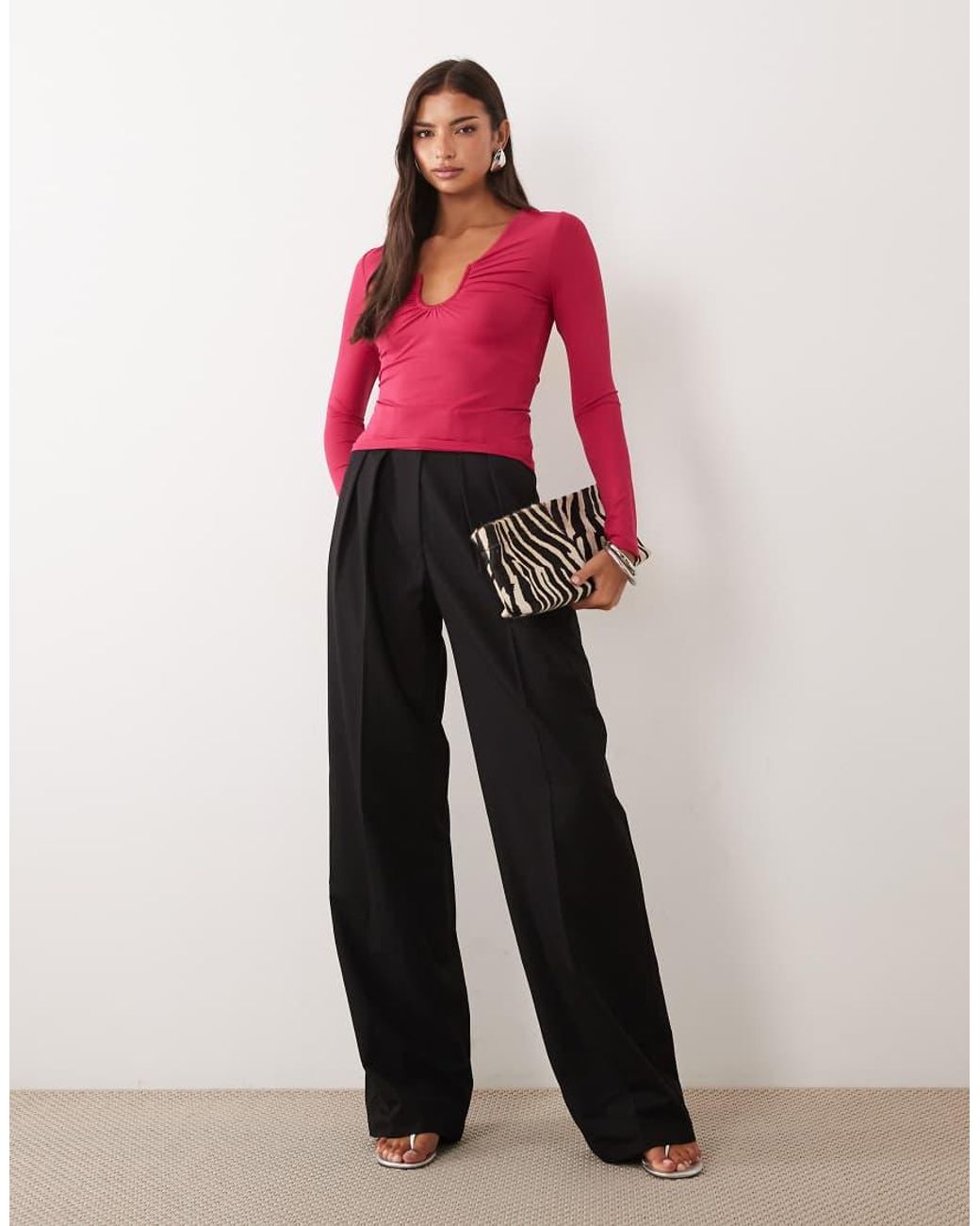 ASOS Red Polyamide Long Sleeve U-trim Scooped Neck Top