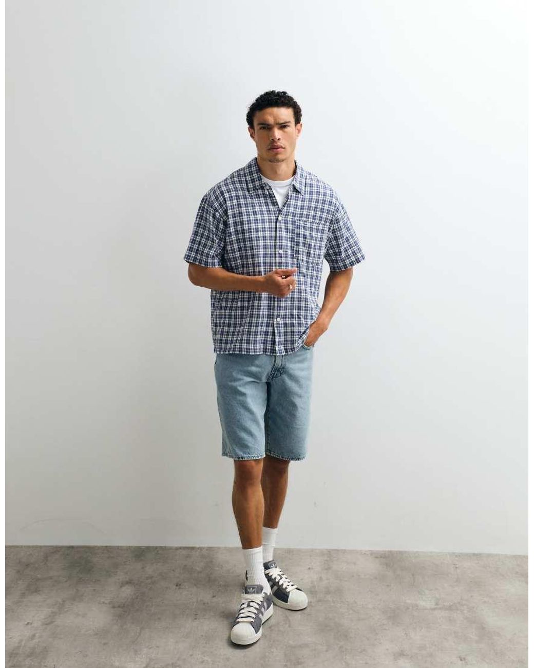 Jack & Jones Blue Linen Blend Cropped Short Sleeve Check Shirt for men