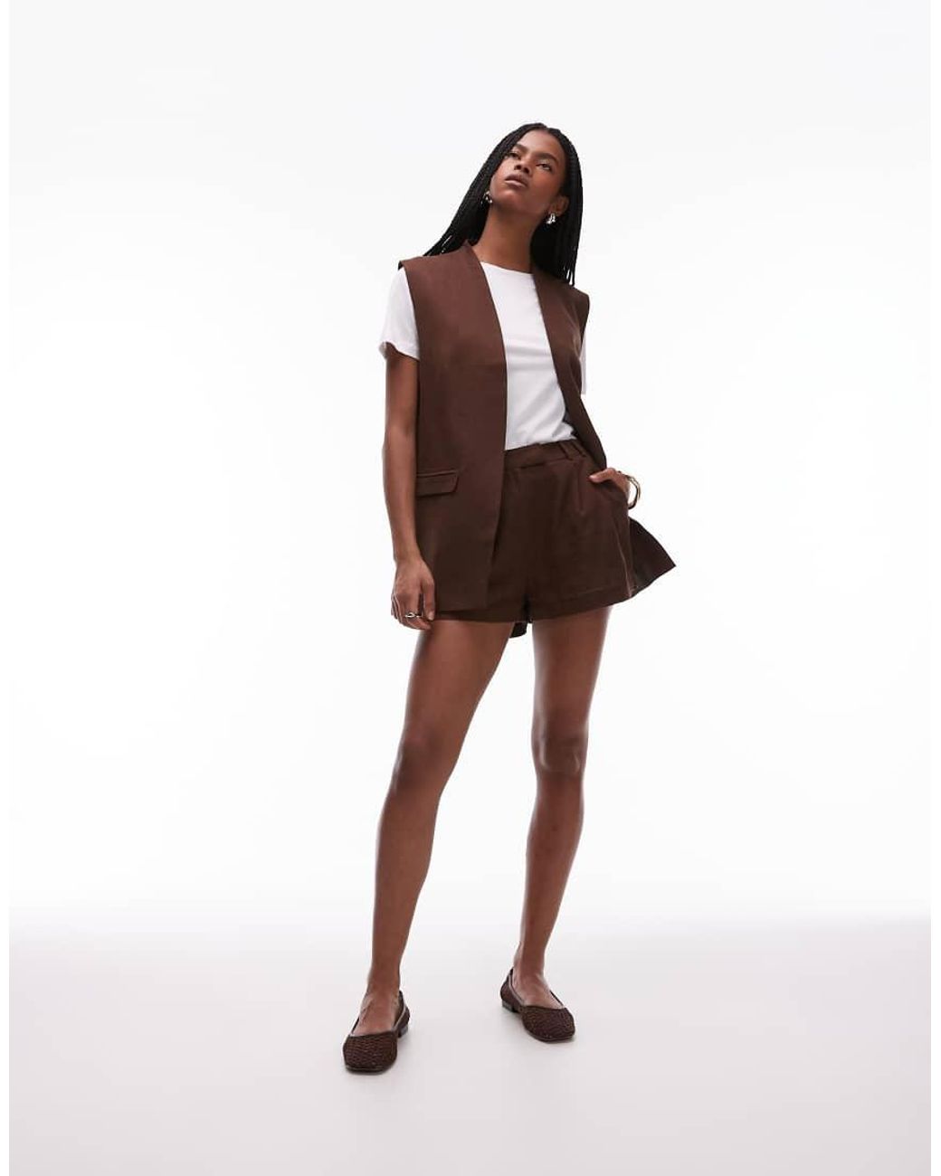 TOPSHOP Brown Linen Blend Throw On Sleeveless Blazer