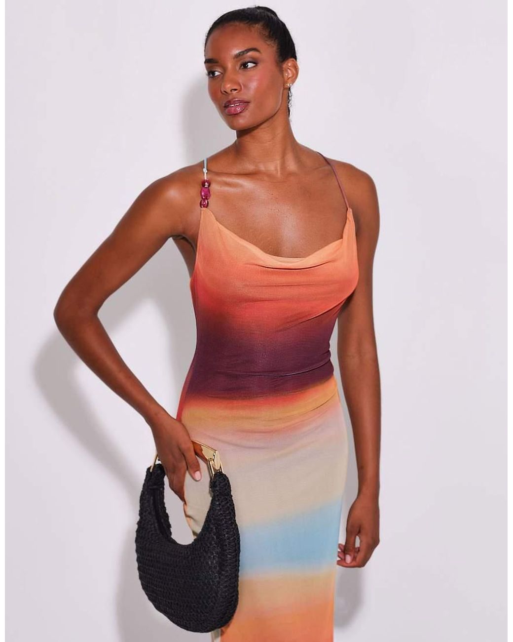 South Beach Red Ombre Mesh Cowl Neck Maxi Dress