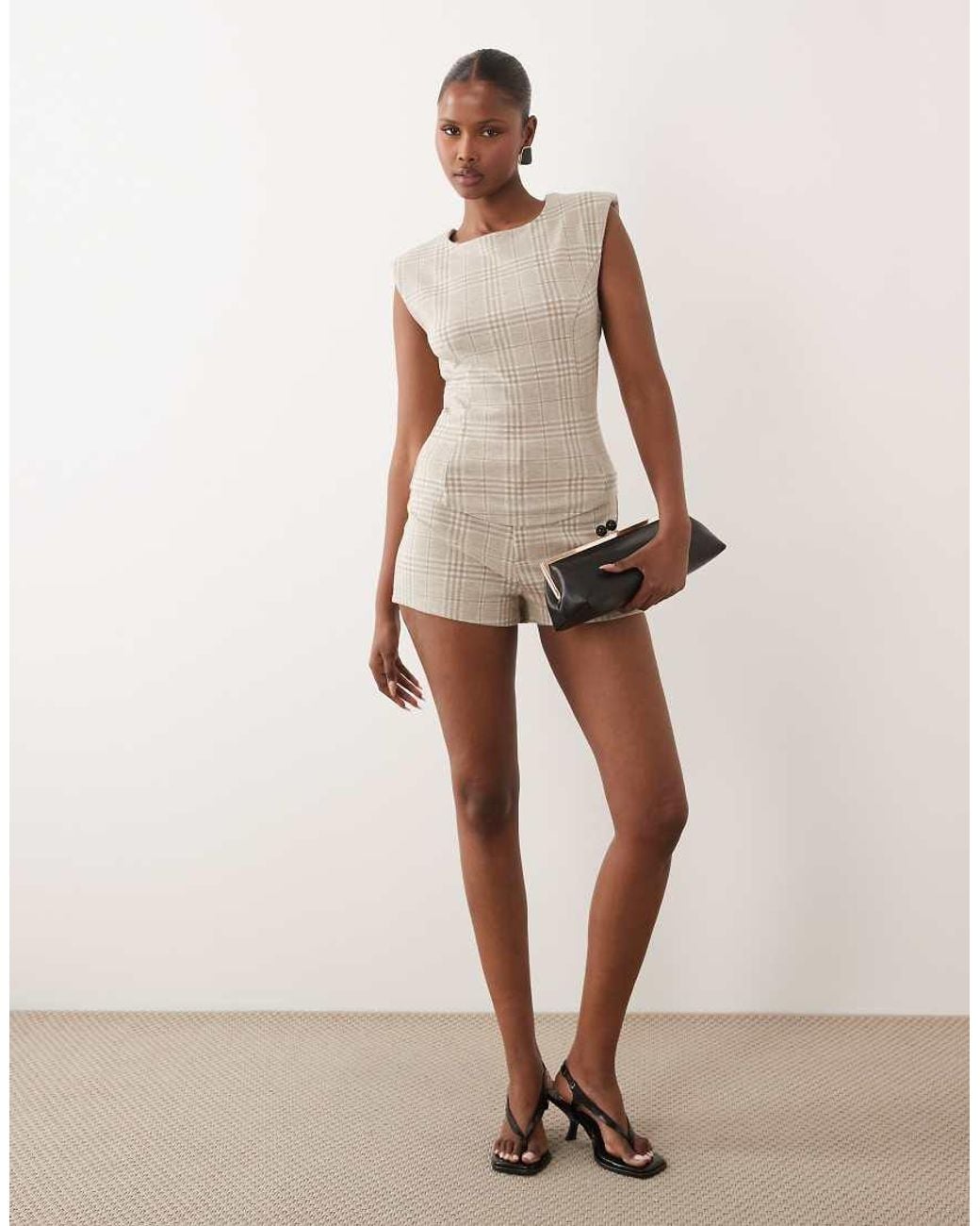 ASOS White Mix & Match Brushed Herringbone Shoulder Pad Fitted Top