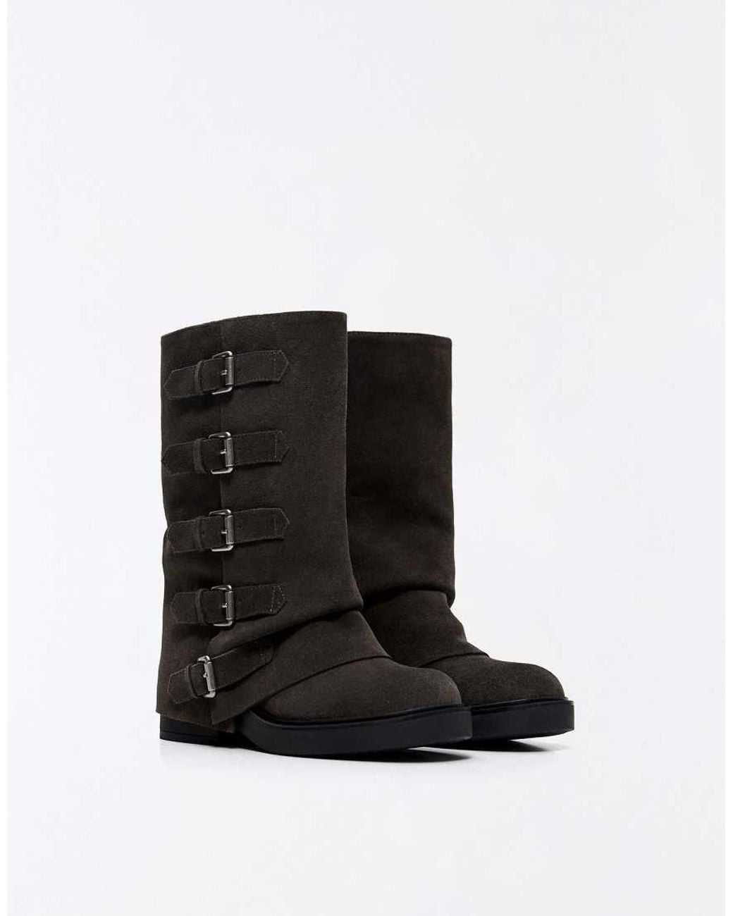 Bershka Black Leather Trouser Ankle Boots With Buckles