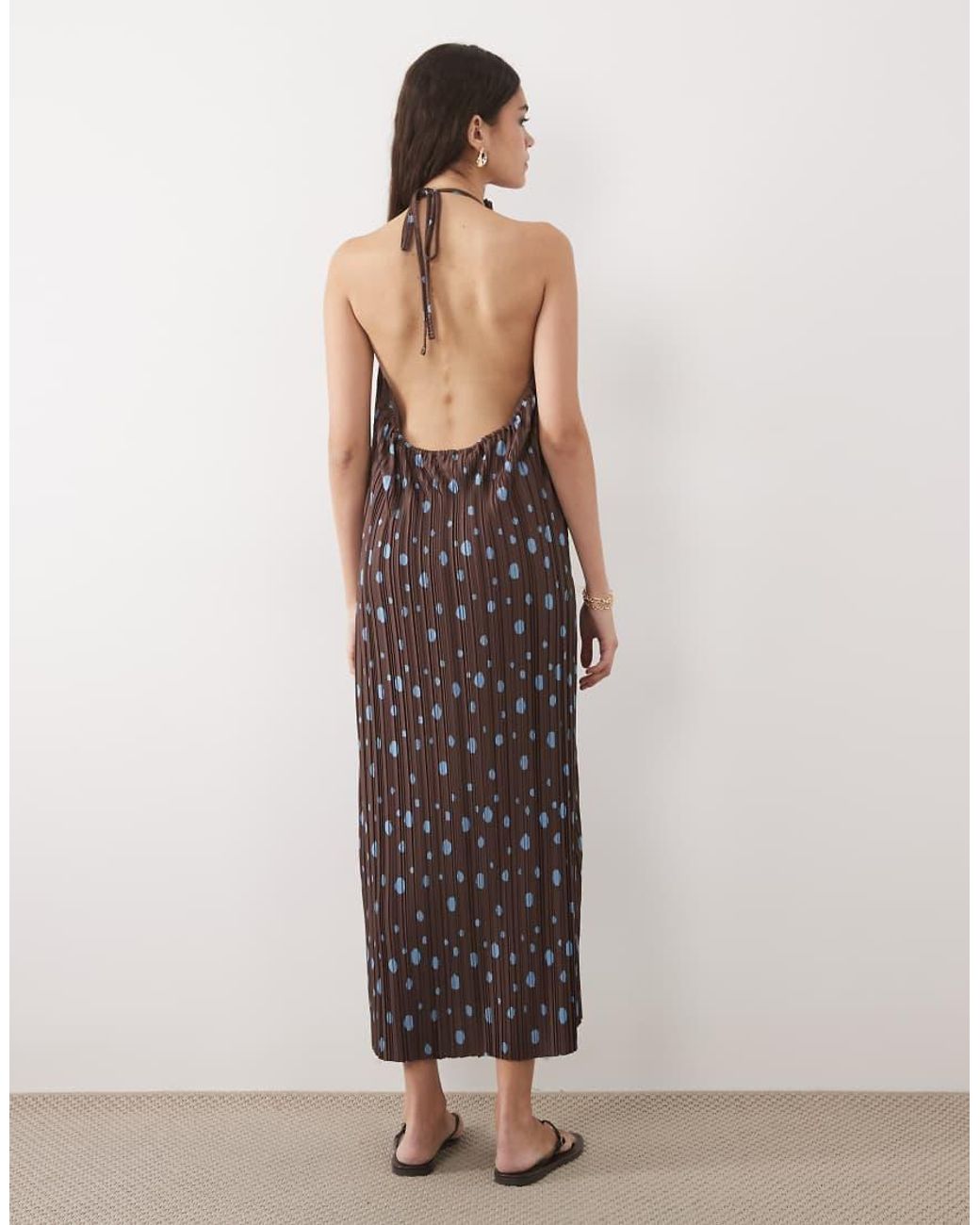 ASOS Brown Plisse Halterneck Midi Dress