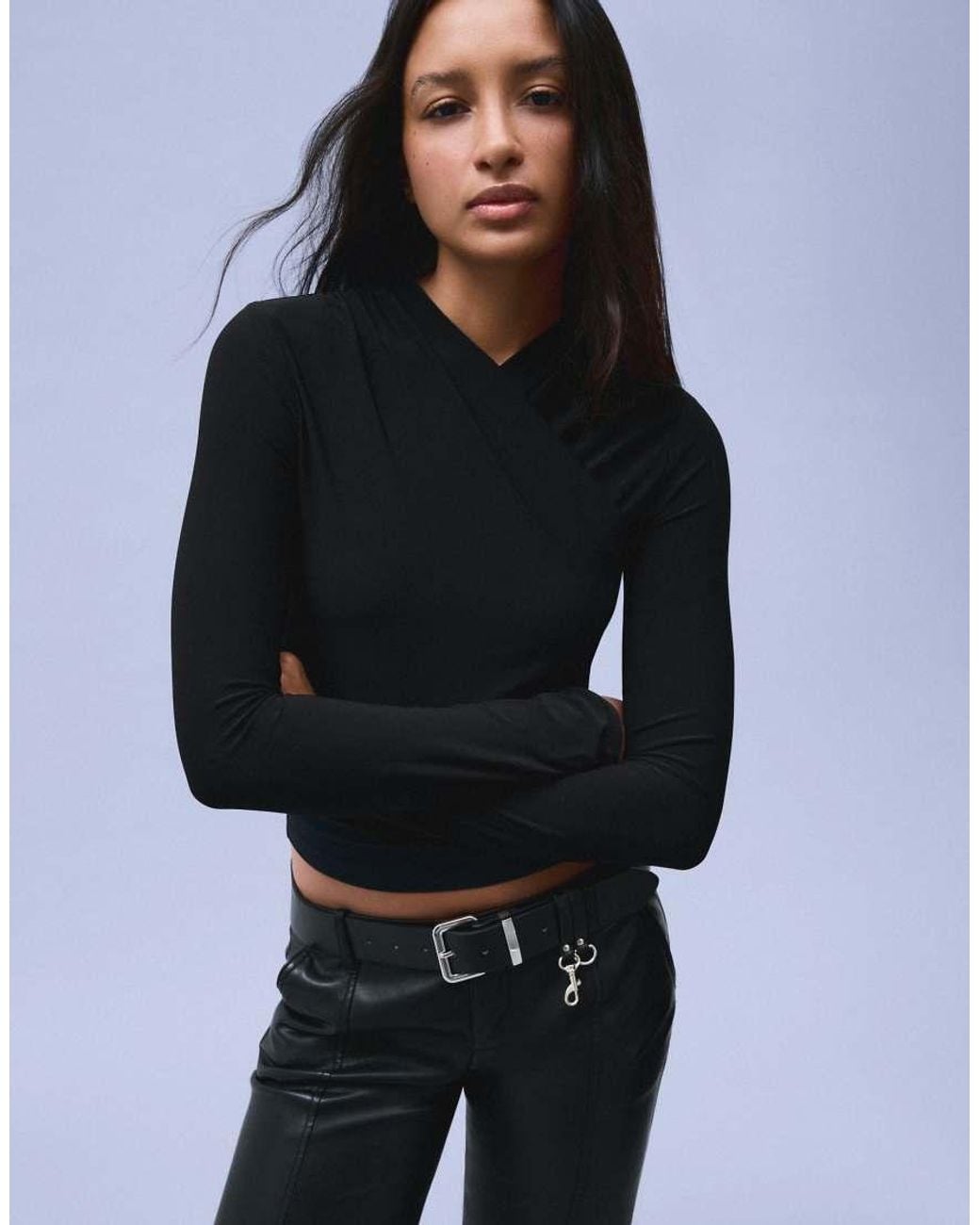 Bershka Blue Polyamide Draped Long Sleeve T-shirt