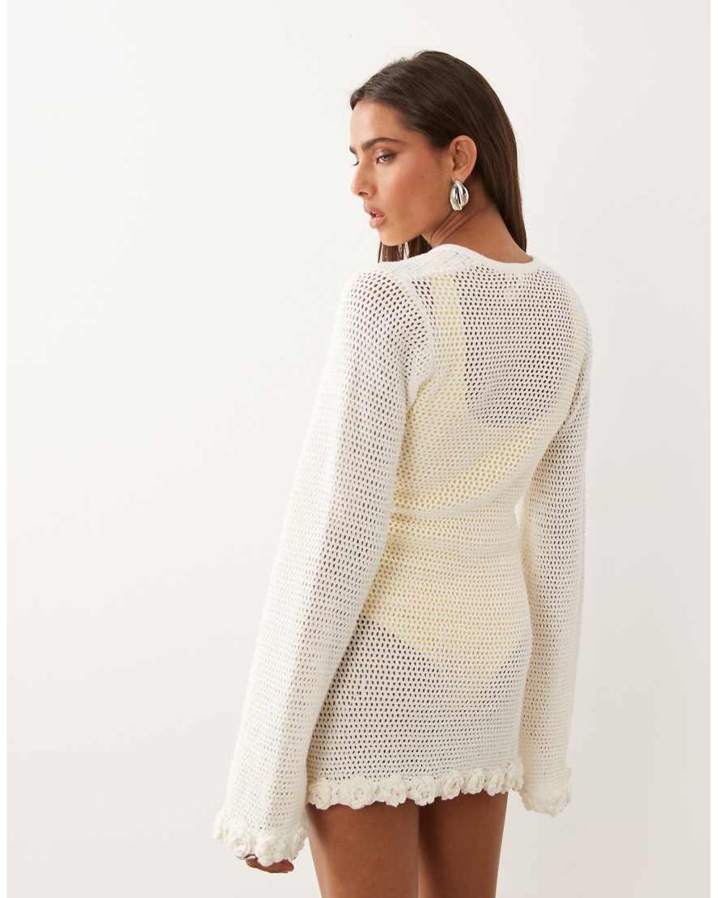 The Frolic Natural Exclusive Cotton Blend Crochet Plunge Flower Trim Beach Mini Dress