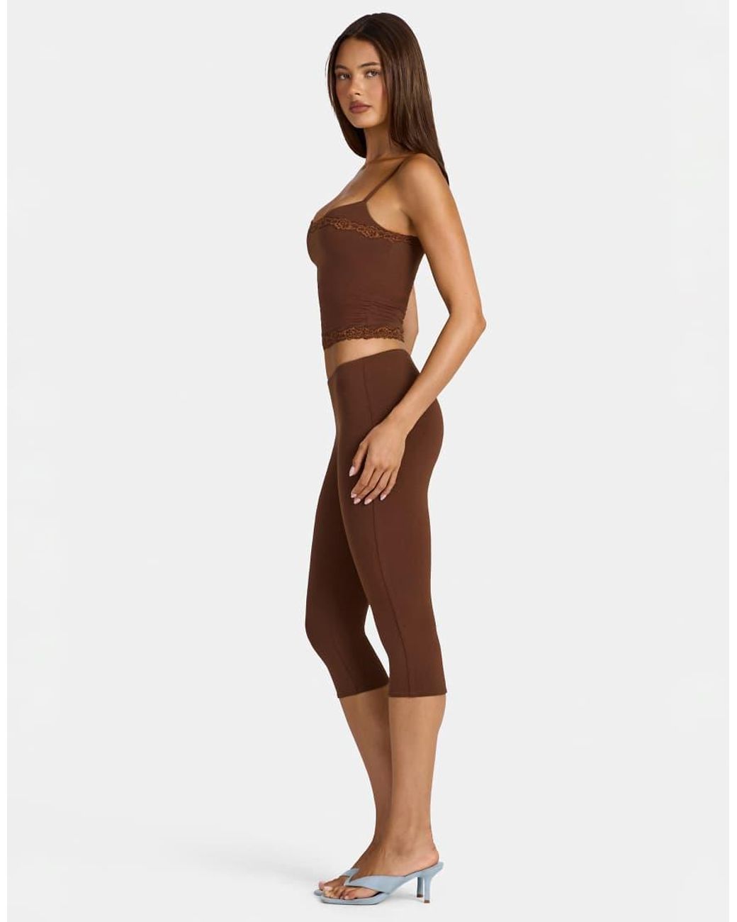 Oh Polly Brown Modal Peekaboo Lace Trim Cami Top Co-ord