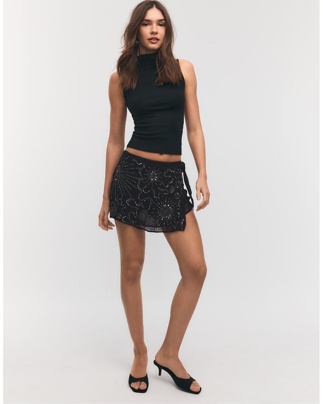 Stradivarius Black Embroidered Wrap Mini Skort