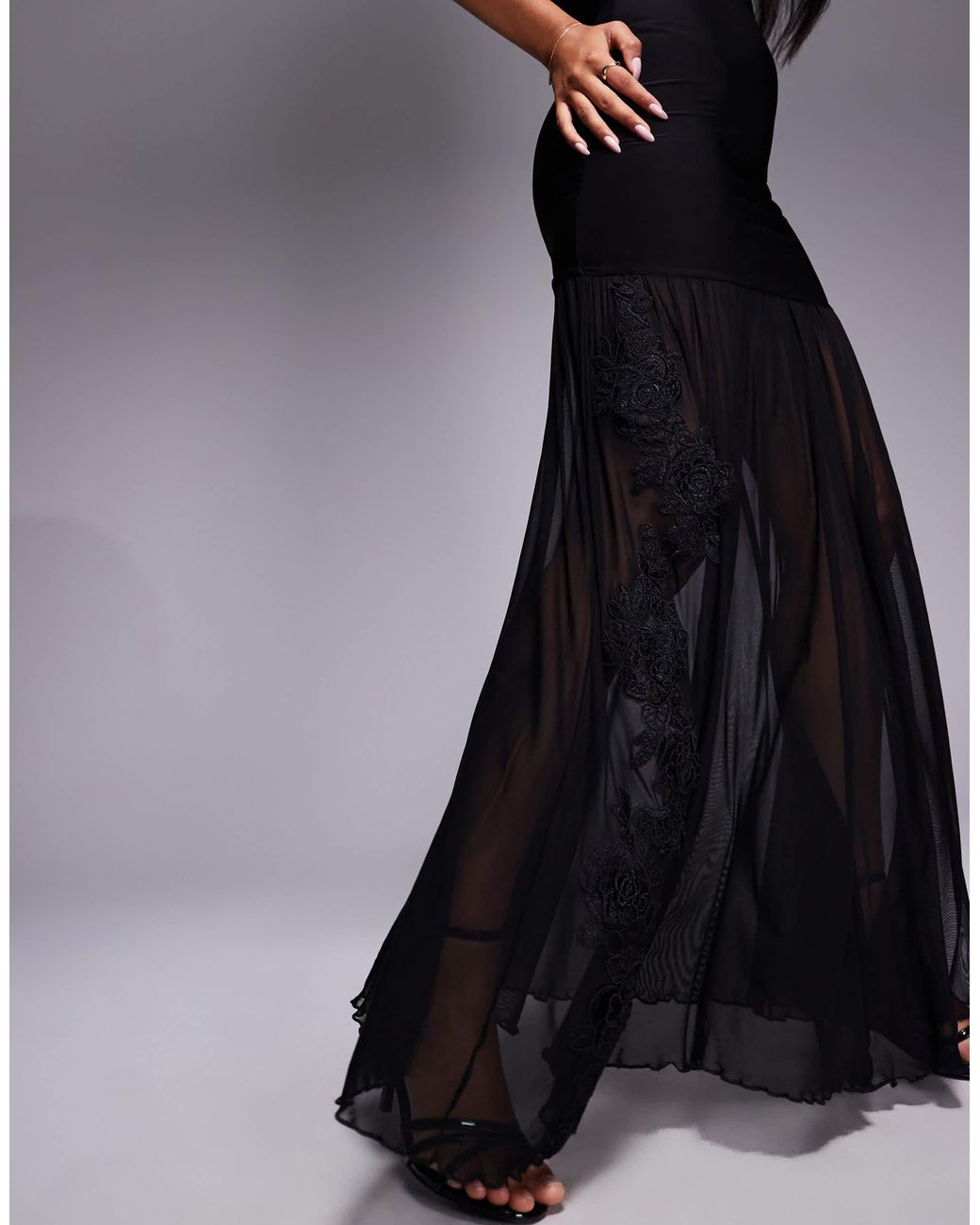 Fashionkilla Exclusive Double Sculpted Slinky Bandeau Flower Applique Sheer  Hem Maxi Dress in Black | Lyst