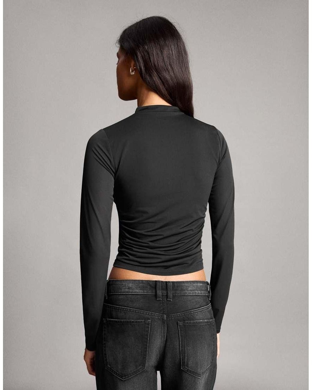 Bershka Black Long Sleeve Gathered Tulle Top