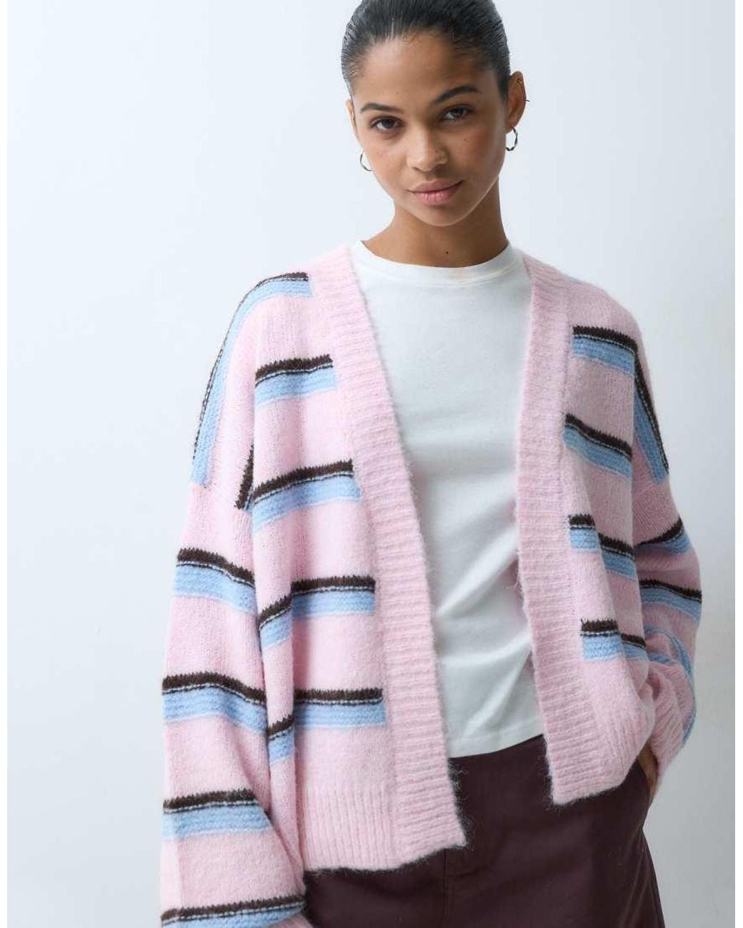 Miss Selfridge White Stripe Fluffy Edge To Edge Cardigan