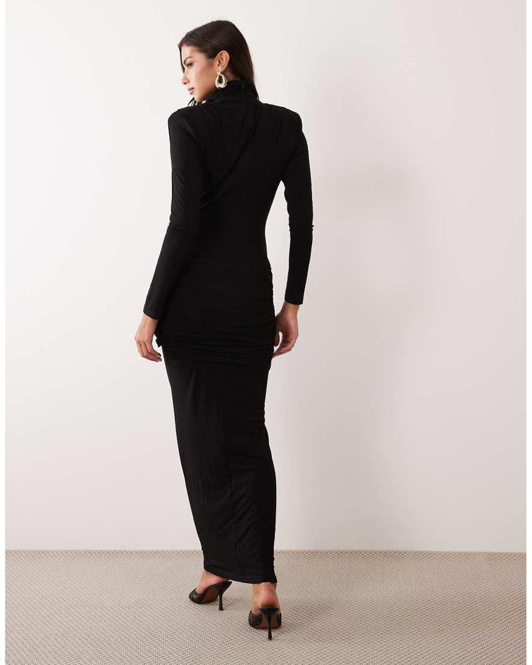 Ruched & Ready Black On My Level Sculpted High Neck Drape Front Maxi Dress
