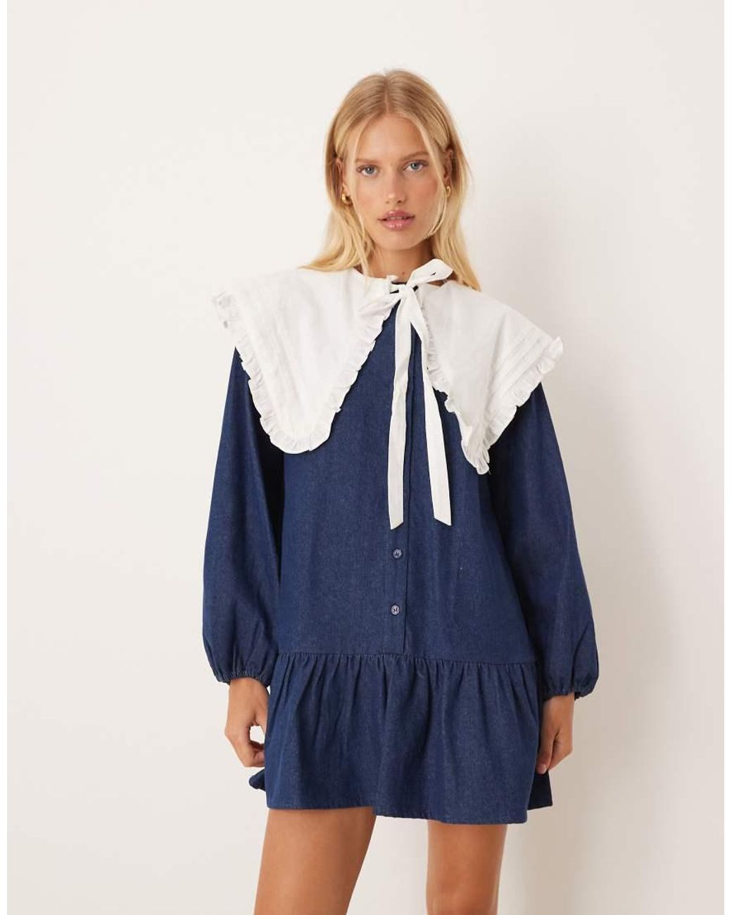Neon Rose Blue Oversized Removable Collar Denim Mini Smock Dress