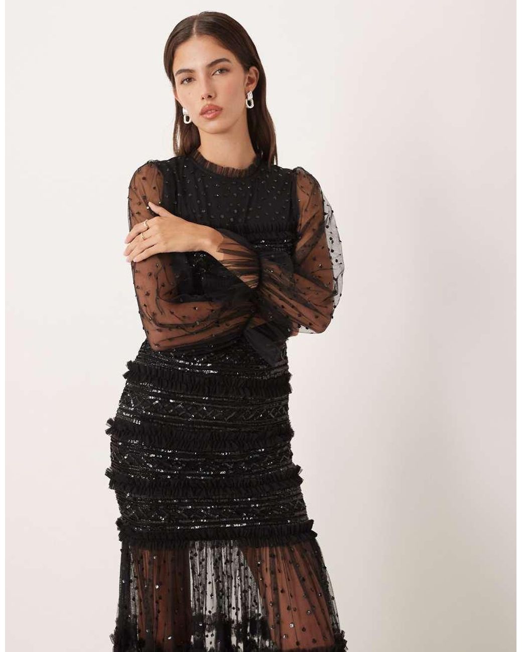 Maya Natural Sequin Long Sleeve Tulle Maxi Dress