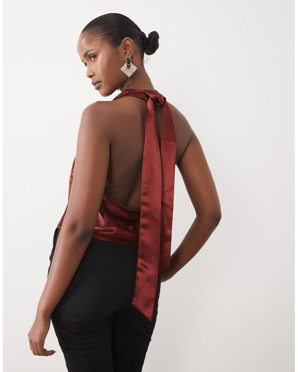 Bardot Red Satin High Cowl Neck Cropped Backless Top