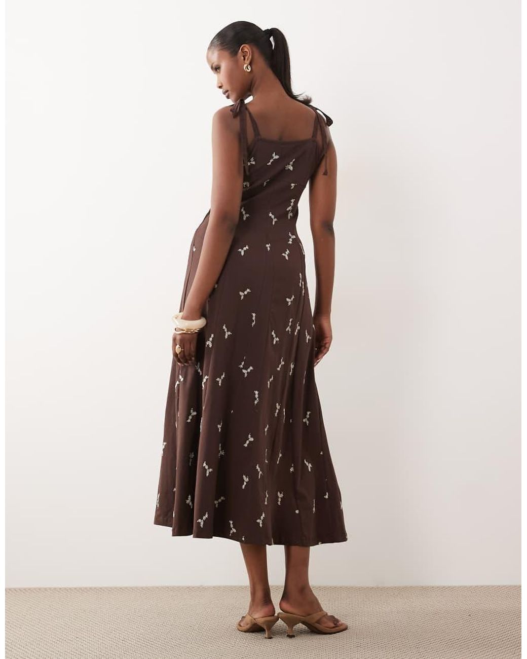 ASOS Brown Tie Up Strap Embroidered Midi Dress